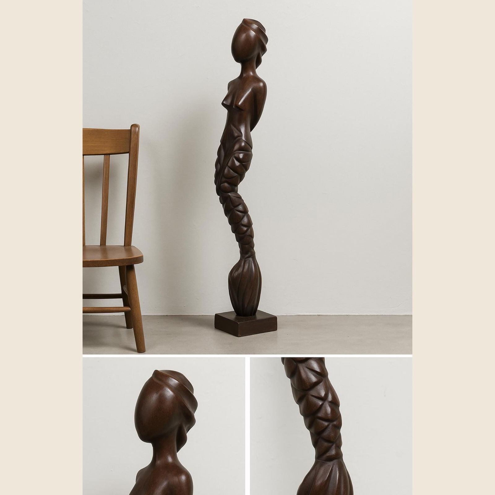 Vintage Tall Carved Wood Sculpture 39â€ Modernist Twisted Figure Dark Hardwood - 10