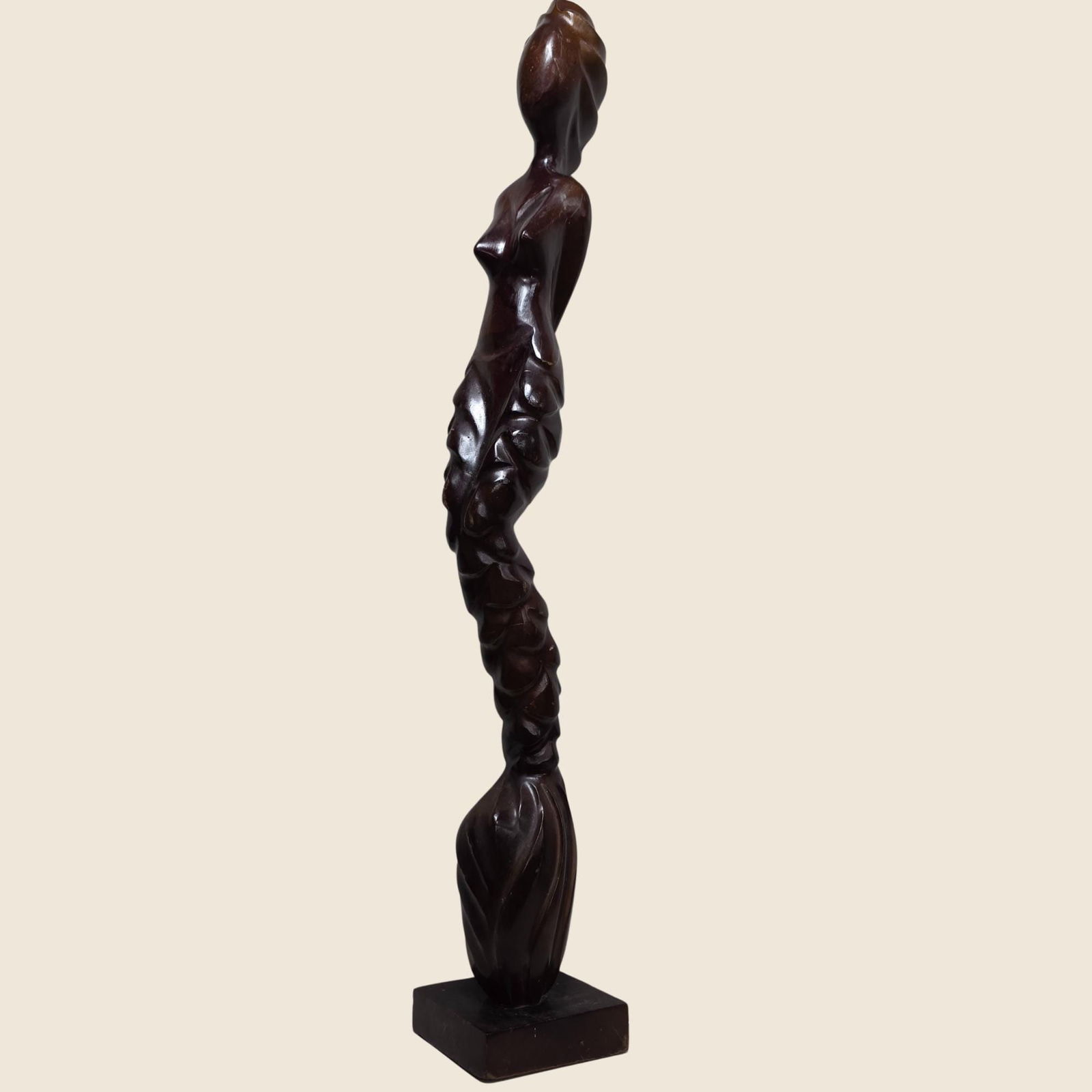 Vintage Tall Carved Wood Sculpture 39â€ Modernist Twisted Figure Dark Hardwood - 2