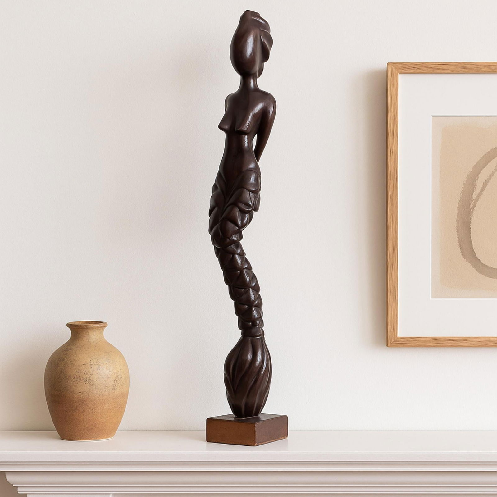 Vintage Tall Carved Wood Sculpture 39â€ Modernist Twisted Figure Dark Hardwood - 6