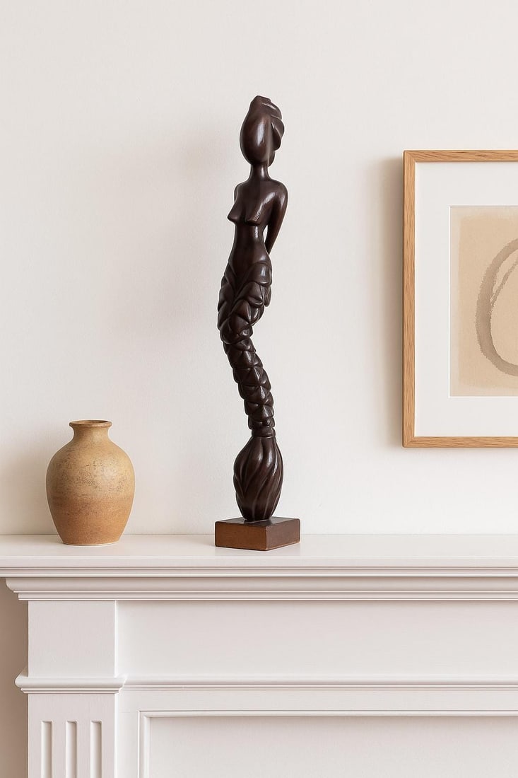 Vintage Tall Carved Wood Sculpture 39â€ Modernist Twisted Figure Dark Hardwood - 7