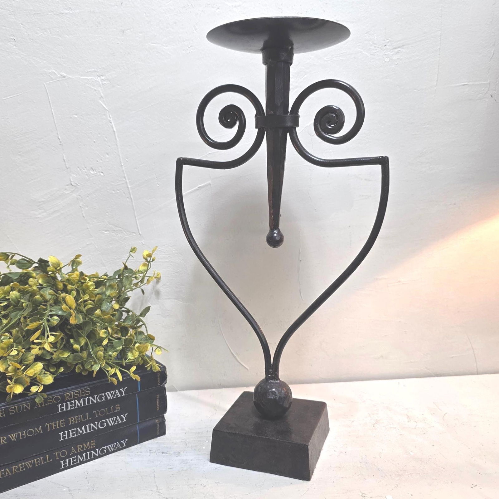 Vintage Wrought Iron Candle Holder, 17" Black Metal Pillar Stand, Large Rustic Riser for Centerpiece (1 of 8)