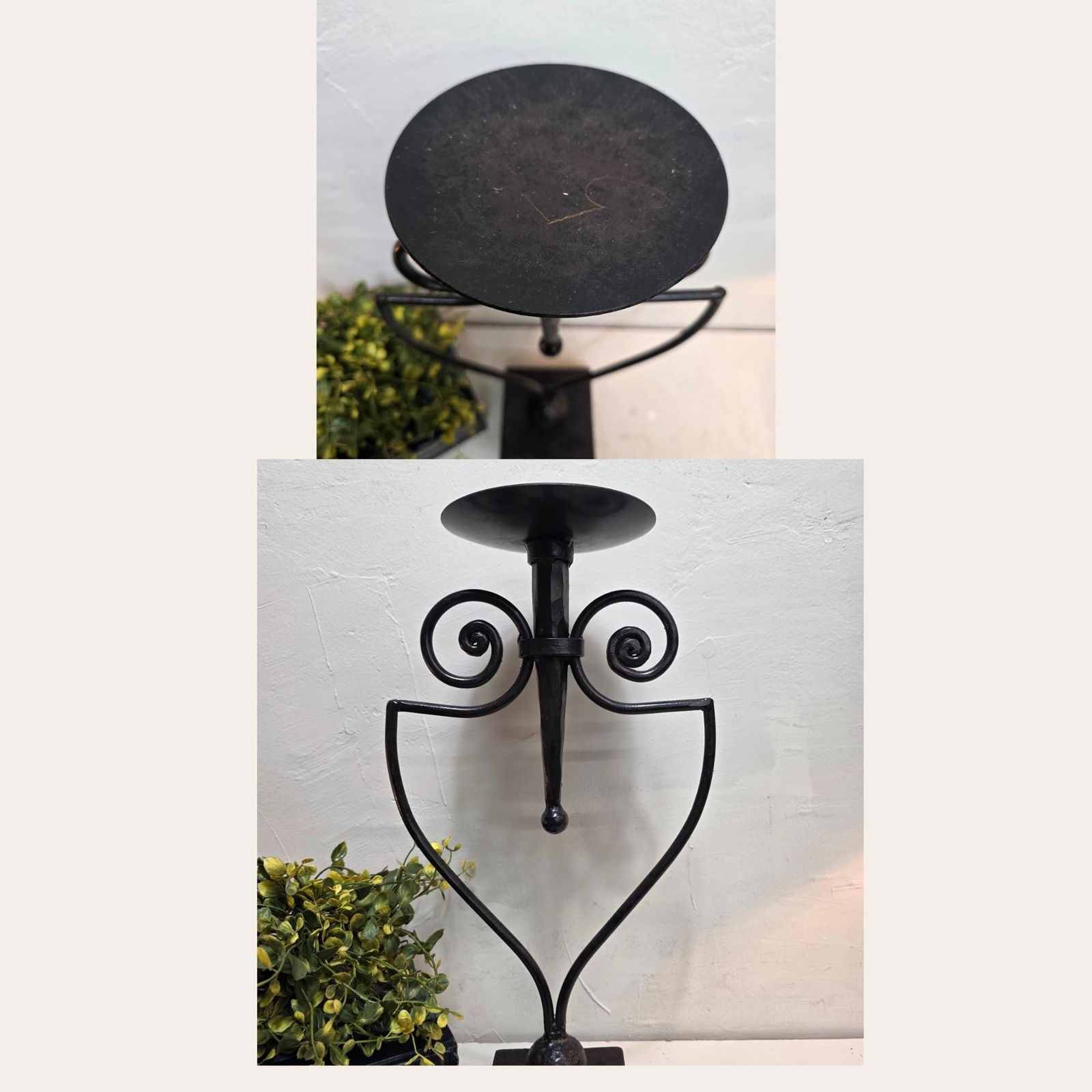 Vintage Wrought Iron Candle Holder, 17" Black Metal Pillar Stand, Large Rustic Riser for Centerpiece - 2