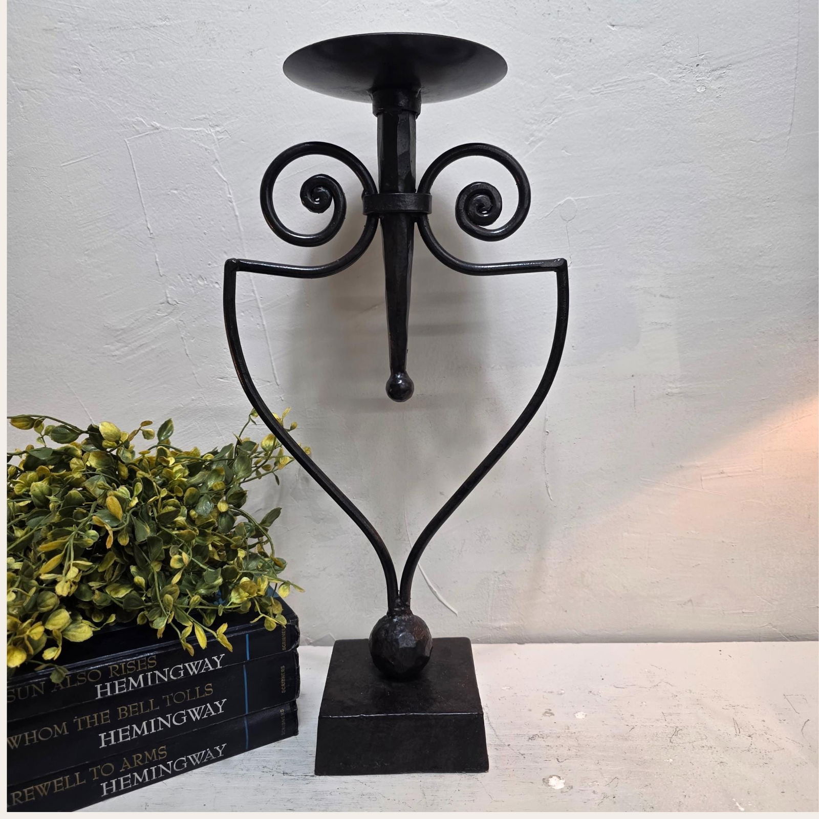 Vintage Wrought Iron Candle Holder, 17" Black Metal Pillar Stand, Large Rustic Riser for Centerpiece - 3