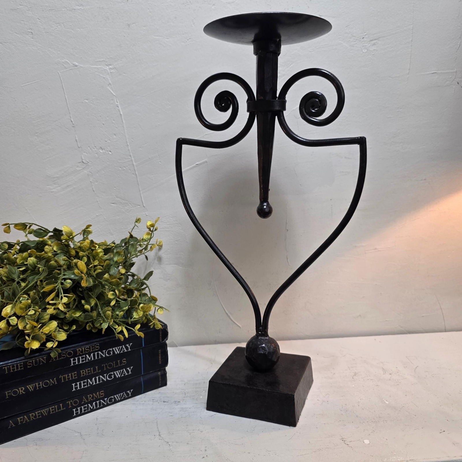 Vintage Wrought Iron Candle Holder, 17" Black Metal Pillar Stand, Large Rustic Riser for Centerpiece - 8