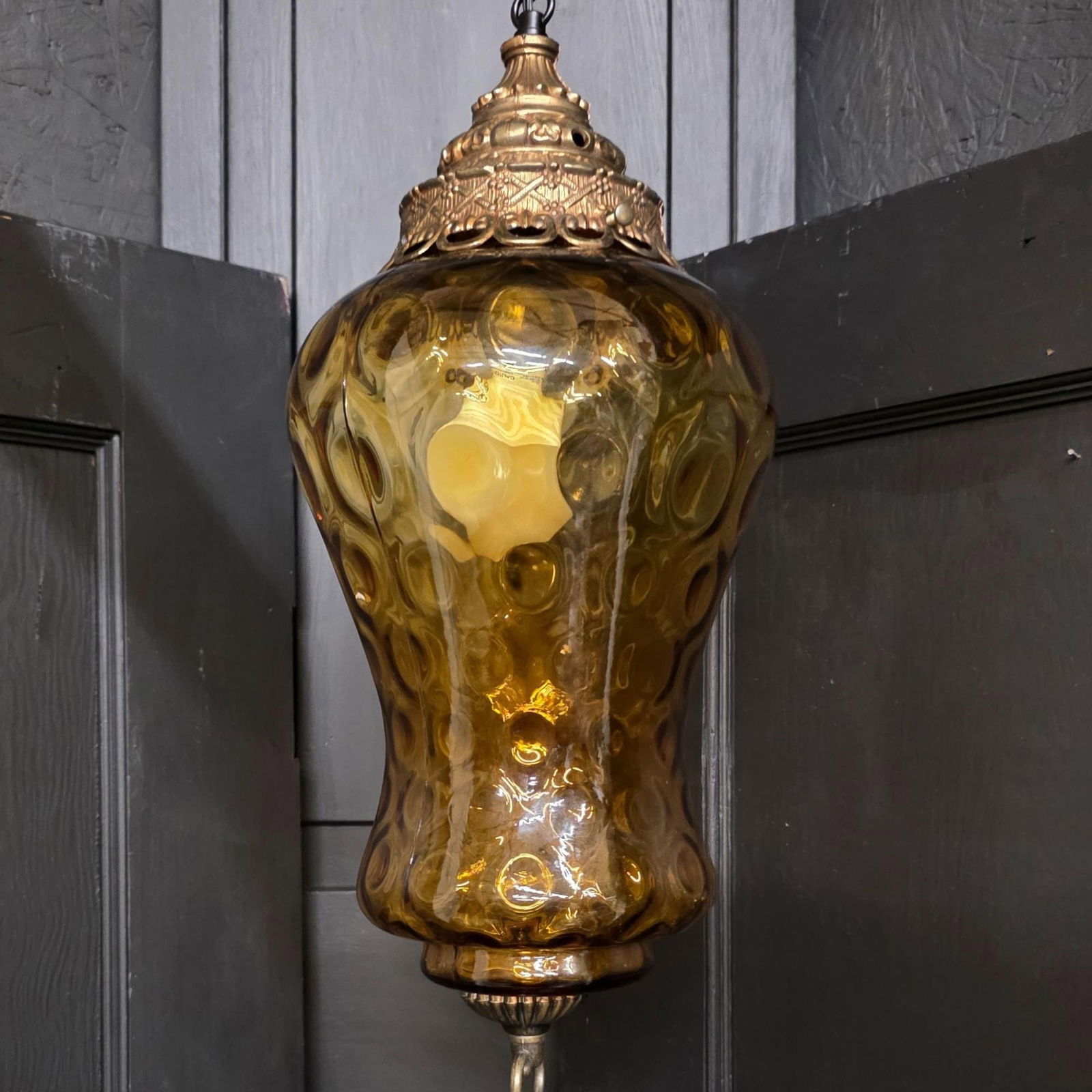 Vintage Gold Swag Lamp Plug in Wall Pendant Light Bubble Optic Hanging with Brass Crown Cap - 2
