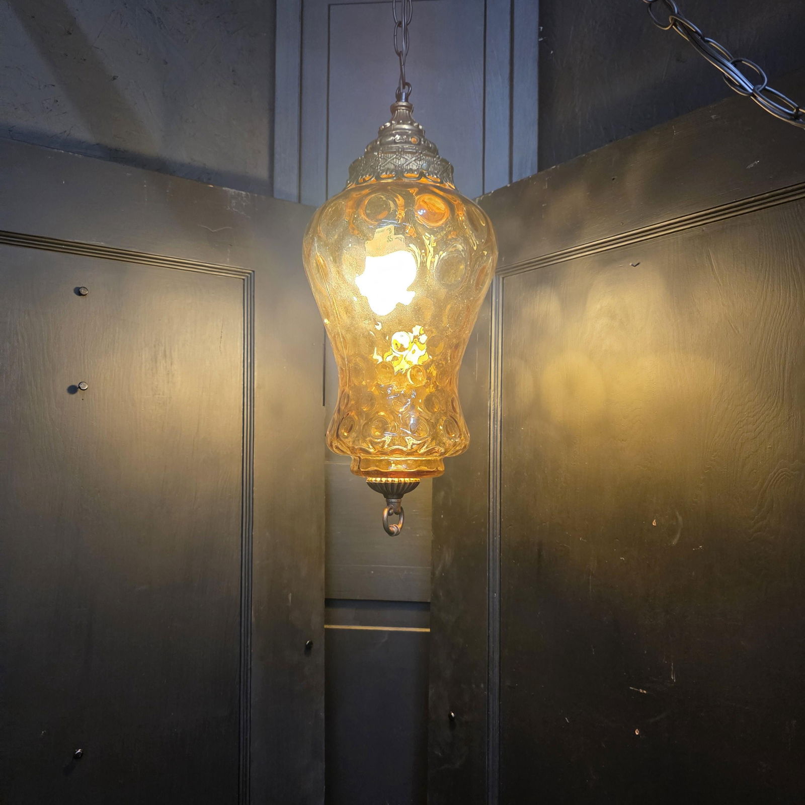 Vintage Gold Swag Lamp Plug in Wall Pendant Light Bubble Optic Hanging with Brass Crown Cap - 6