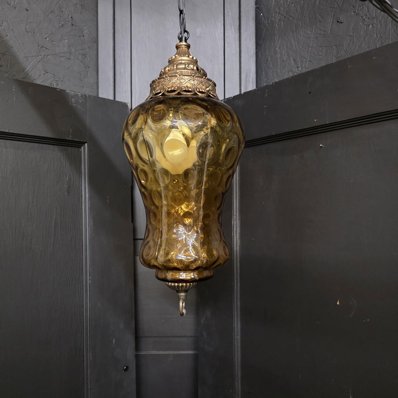 Vintage Gold Swag Lamp Plug in Wall Pendant Light Bubble Optic Hanging with Brass Crown Cap - 7