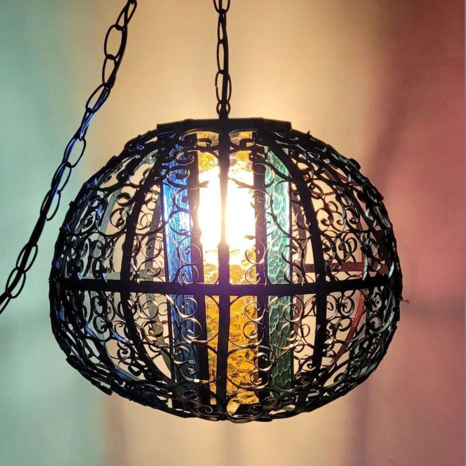 Vintage Stained Glass Swag Lamp, Moroccan Revival Wrought Iron Orb Pendant Plug-In Wall, Jewel Tone: Title: Vintage Stained Glass Swag Lamp, Moroccan Revival Wrought Iron Orb Pendant Plug-In Wall, Jewel Tone BOHO Hanging Lantern, Rewired Description: Vintage stained glass swag lamp (plug-in pendant),
