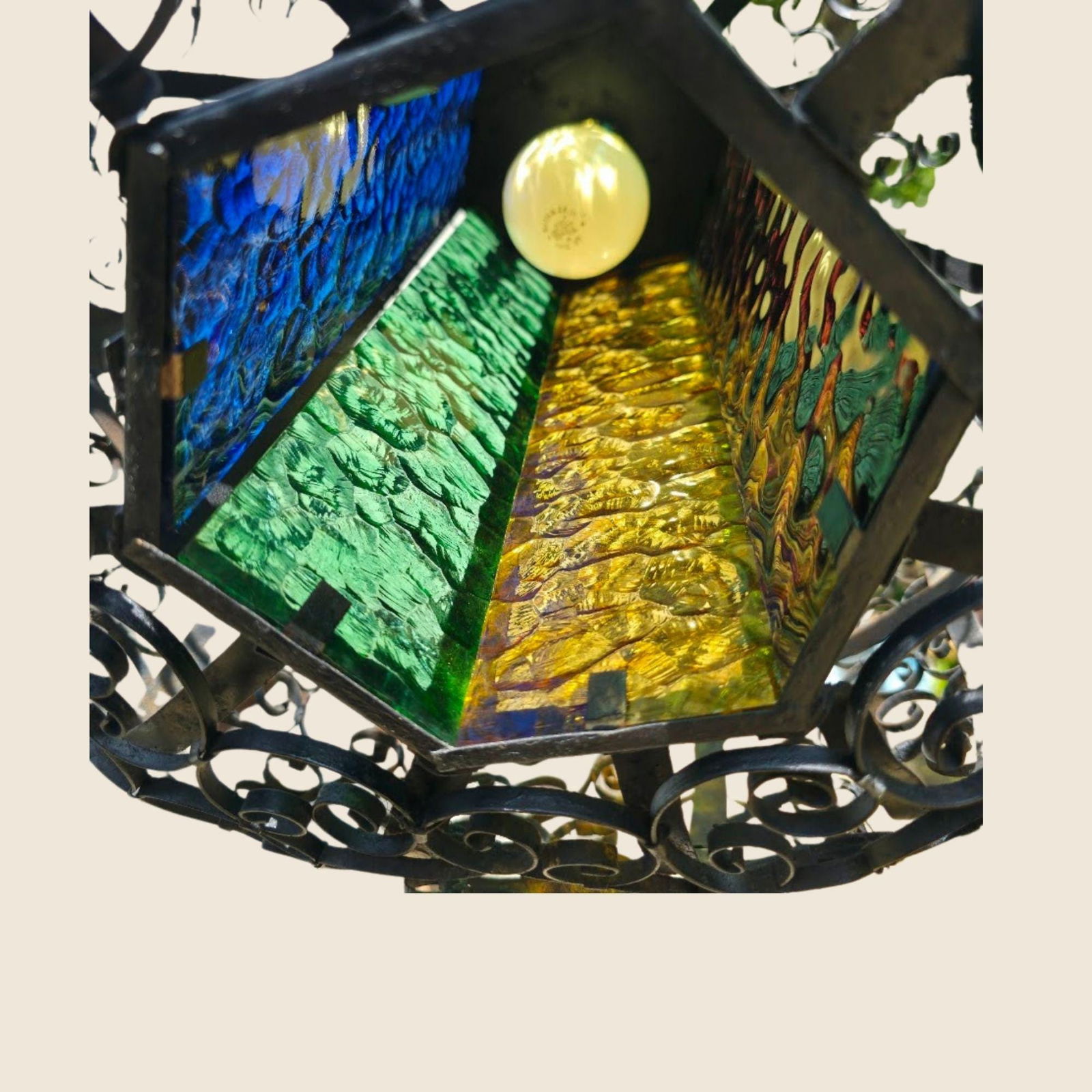 Vintage Stained Glass Swag Lamp, Moroccan Revival Wrought Iron Orb Pendant Plug-In Wall, Jewel Tone - 2