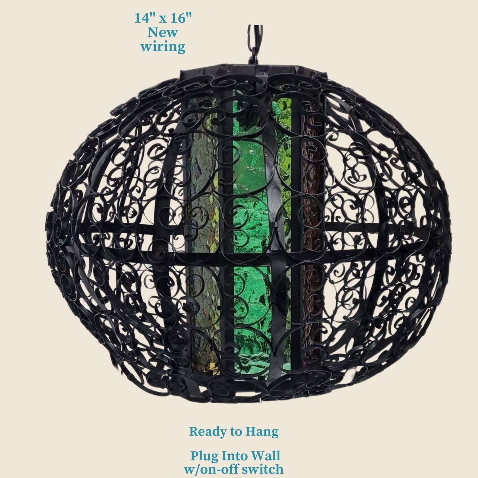 Vintage Stained Glass Swag Lamp, Moroccan Revival Wrought Iron Orb Pendant Plug-In Wall, Jewel Tone - 3