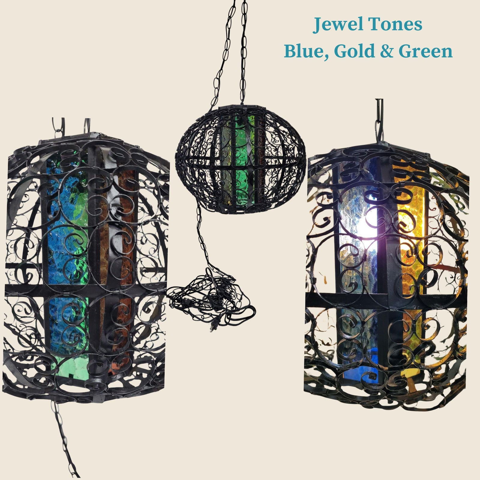 Vintage Stained Glass Swag Lamp, Moroccan Revival Wrought Iron Orb Pendant Plug-In Wall, Jewel Tone - 6