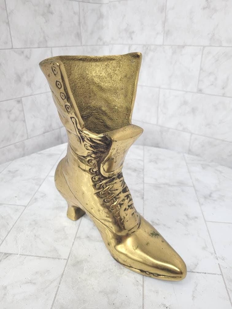 Vintage Brass Victorian Boot â€¢ Old World Decorative Shoe Figurine â€: Title: Vintage Brass Victorian Boot â€¢ Old World Decorative Shoe Figurine â€¢ Solid Brass Mantel Accent â€¢ Cottagecore Brass Decor Description: 