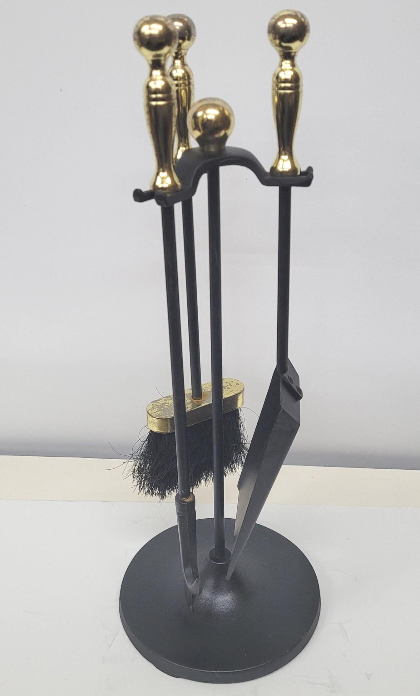 Vintage Brass & Black Fireplace Tool Set, 21" Fireside Companion Stand, Poker Shovel Brush,: Title: Vintage Brass & Black Fireplace Tool Set, 21" Fireside Companion Stand, Poker Shovel Brush, Hollywood Regency MCM Description: Vintage black & brass fireplace tool set with stand (21â̈́