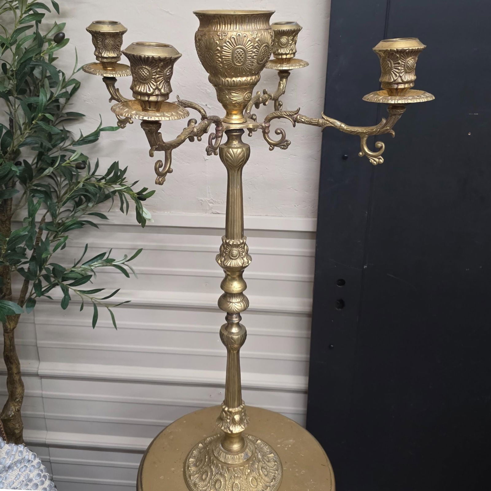 Antique Brass 4-Arm Candelabra â€¢ 38" Tall Floor Candle Holder â€¢ (1 of 10)