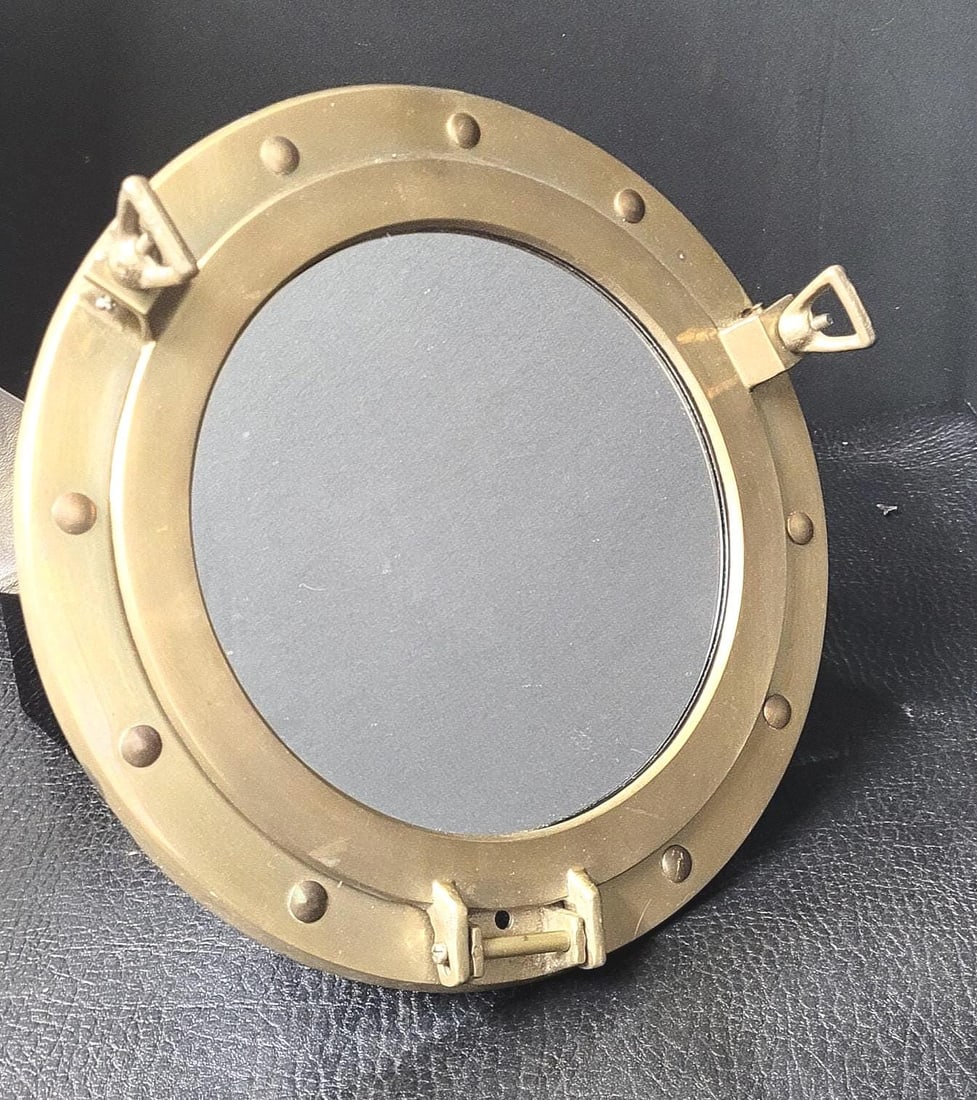 Vintage Brass Porthole Mirror 11.5â€ Round Nautical Maritime Wall Mirror, Solid: Title: Vintage Brass Porthole Mirror 11.5â€ Round Nautical Maritime Wall Mirror, Solid Metal Ship Style Decor, Industrial Coastal Accent Description: A charming vintage brass porthole