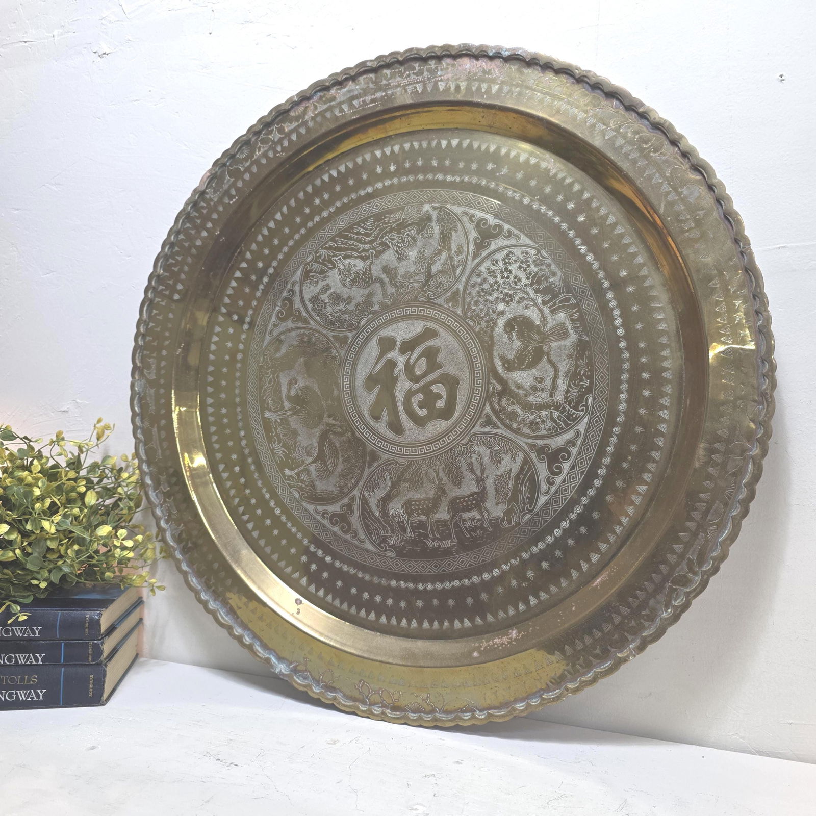 Vintage 24â€ Engraved Brass Wall Tray Old World Middle Eastern Plate Regency Wall (1 of 7)