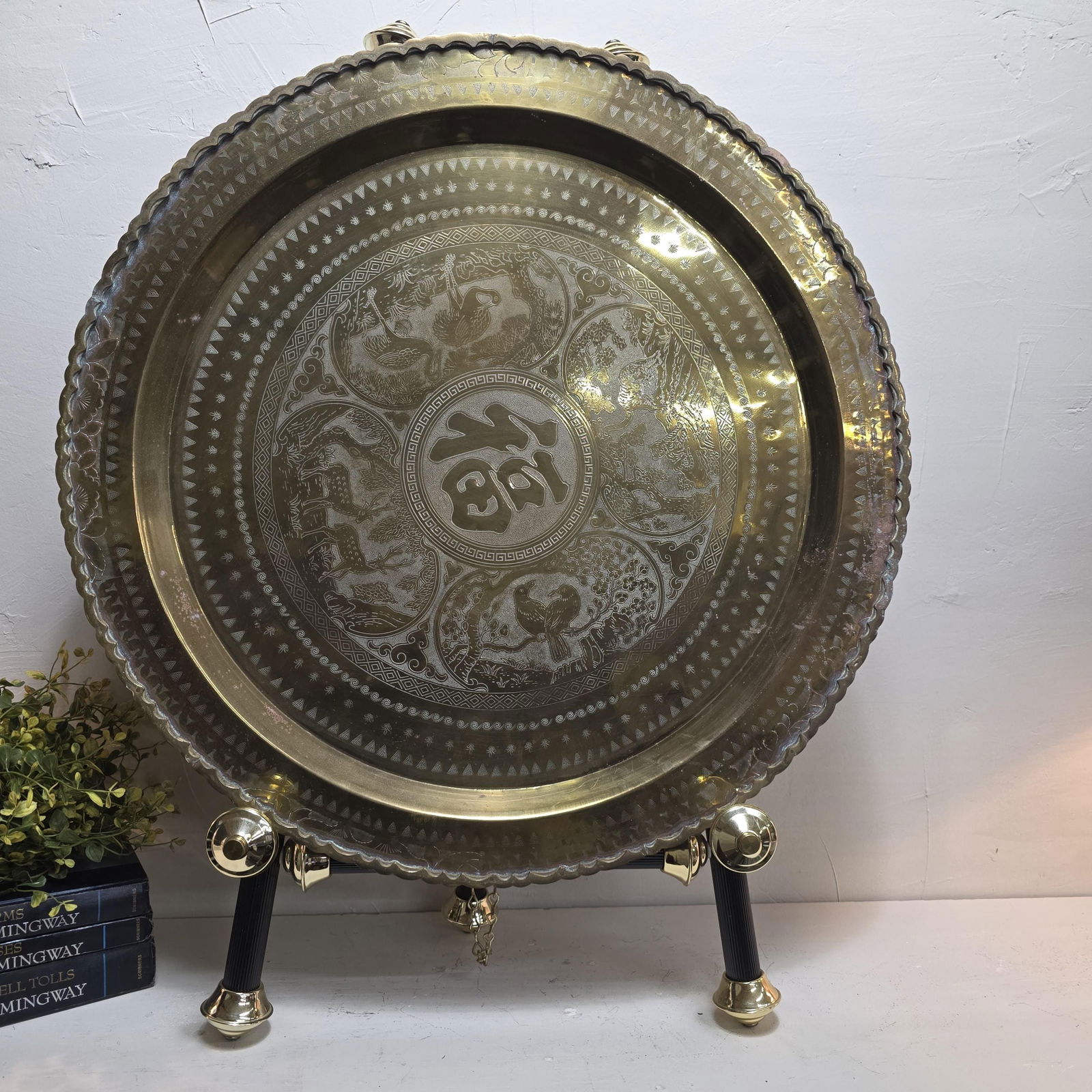 Vintage 24â€ Engraved Brass Wall Tray Old World Middle Eastern Plate Regency Wall - 2