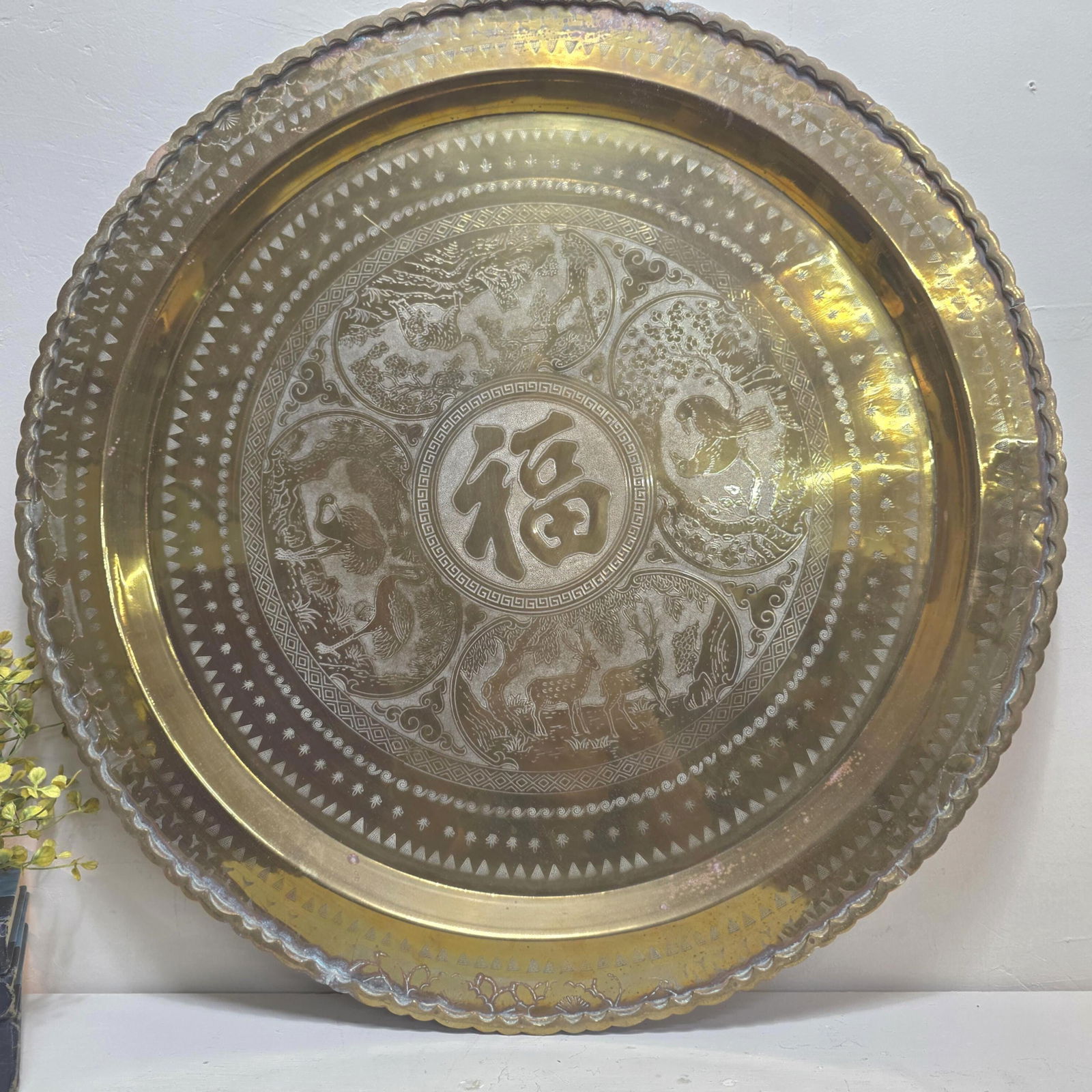 Vintage 24â€ Engraved Brass Wall Tray Old World Middle Eastern Plate Regency Wall - 3
