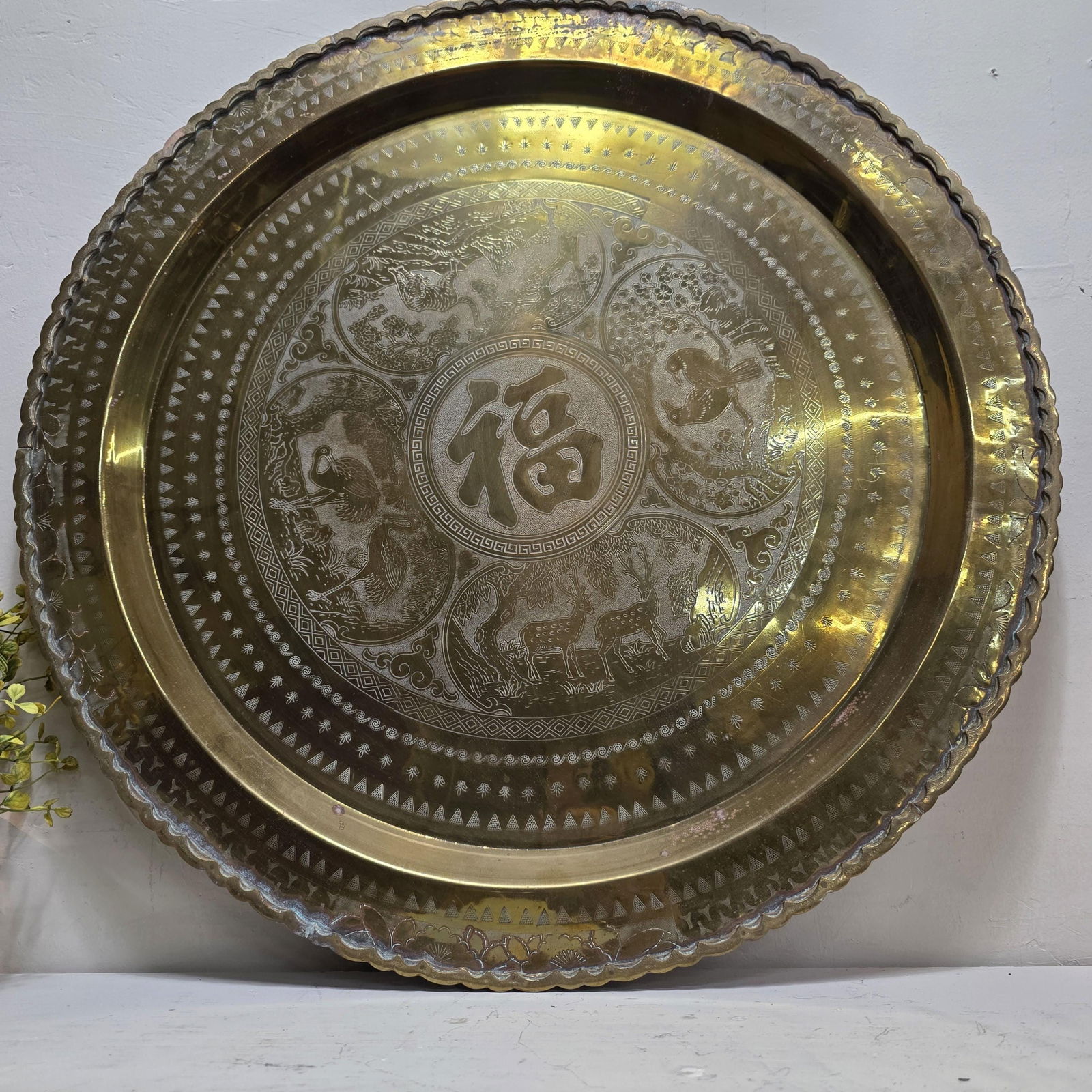 Vintage 24â€ Engraved Brass Wall Tray Old World Middle Eastern Plate Regency Wall - 5