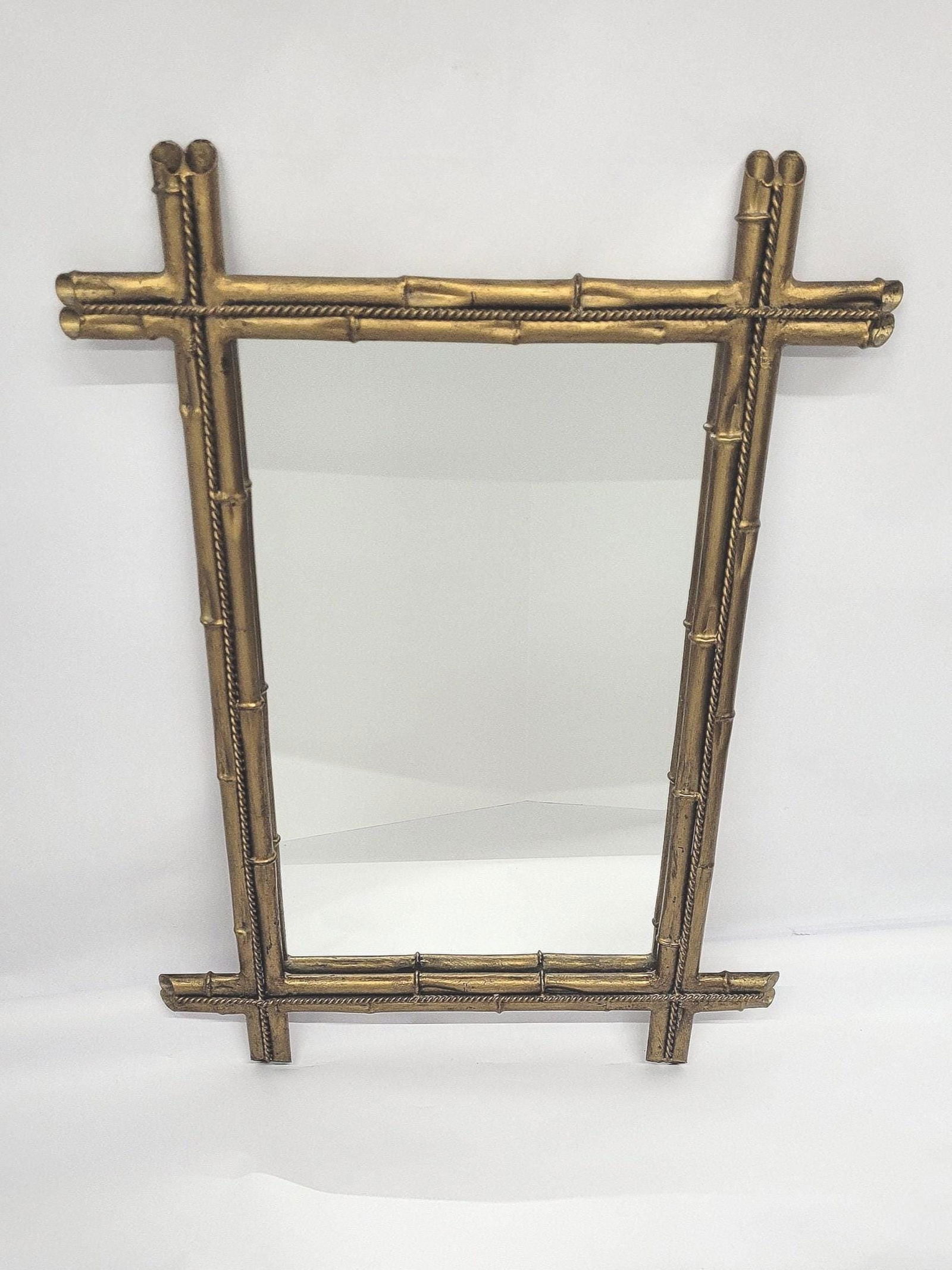 Vintage Brutalist Metal Bamboo Mirror Raw Sculptural Wall Mirror, 28.5â€ x 21â (1 of 8)