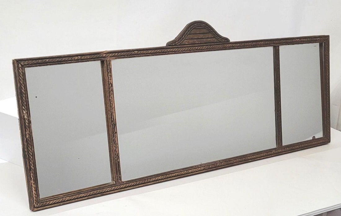 Antique 3-Panel Wood Wall Mirror 29.5â€ Rustic Distressed Mirror Primitive: Title: Antique 3-Panel Wood Wall Mirror 29.5â€ Rustic Distressed Mirror Primitive Farmhouse Early 1900s Hanging Western Bar Decor Description: A rare and charming antique 3-panel wood