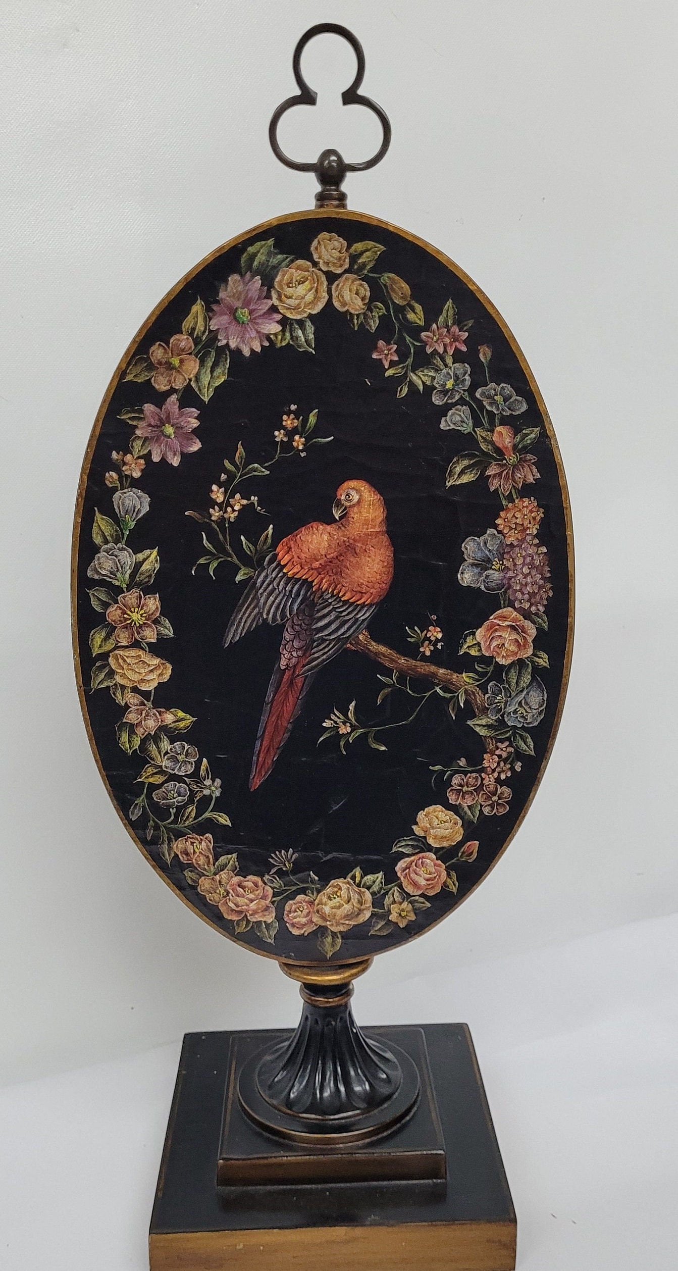 Vintage Parrot Art on Stand Maitland Smith Style Oval Floral Bird Plaque, Regency Decorative Table (1 of 8)