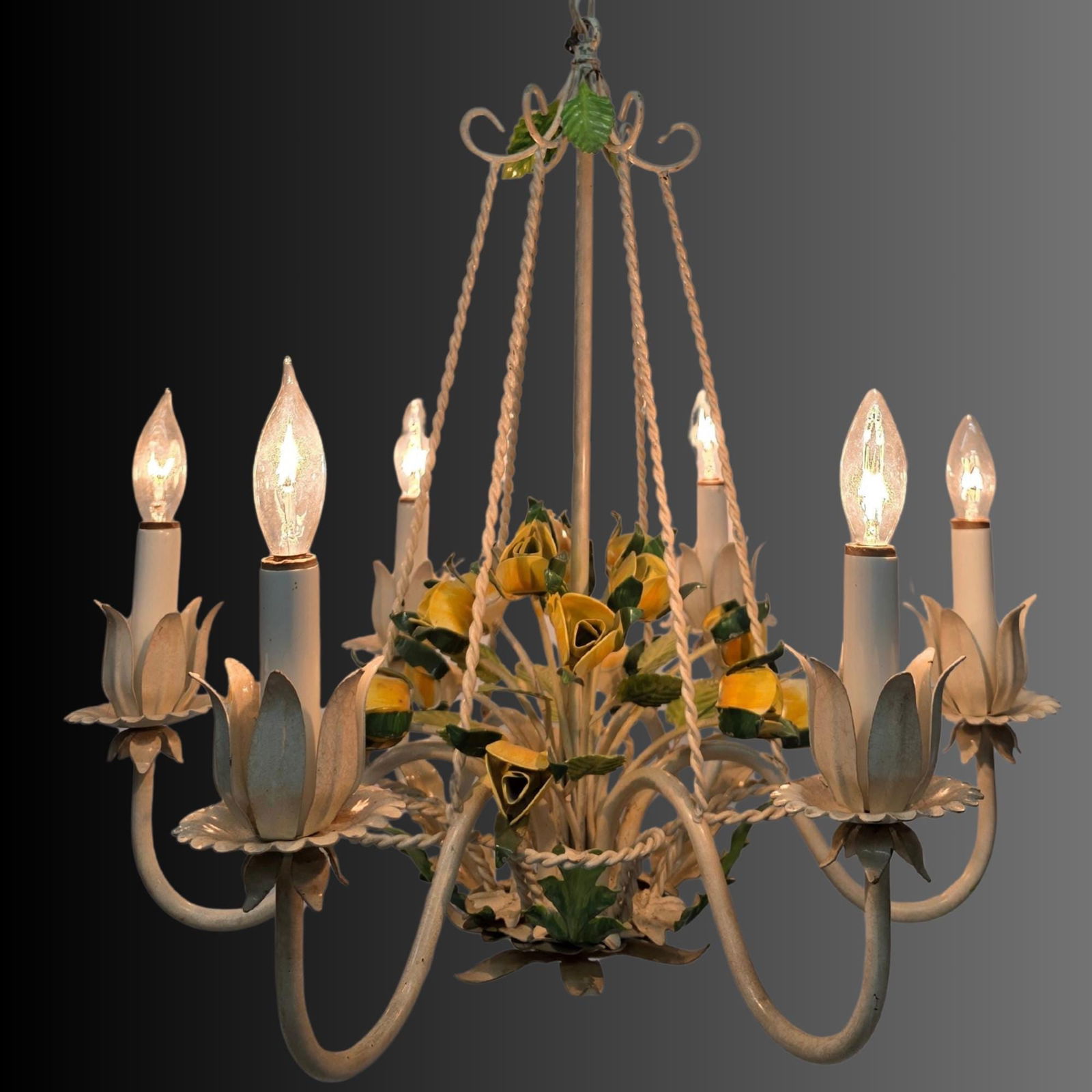 Vintage Italian Tole Chandelier: Yellow Roses, Cottagecore Lighting: Title: Vintage Italian Tole Chandelier: Yellow Roses, Cottagecore Lighting Description: Vintage Italian Tole Chandelier Yellow Roses Flower Ceiling Hanging Light CottageCore Style Home Decor French Co