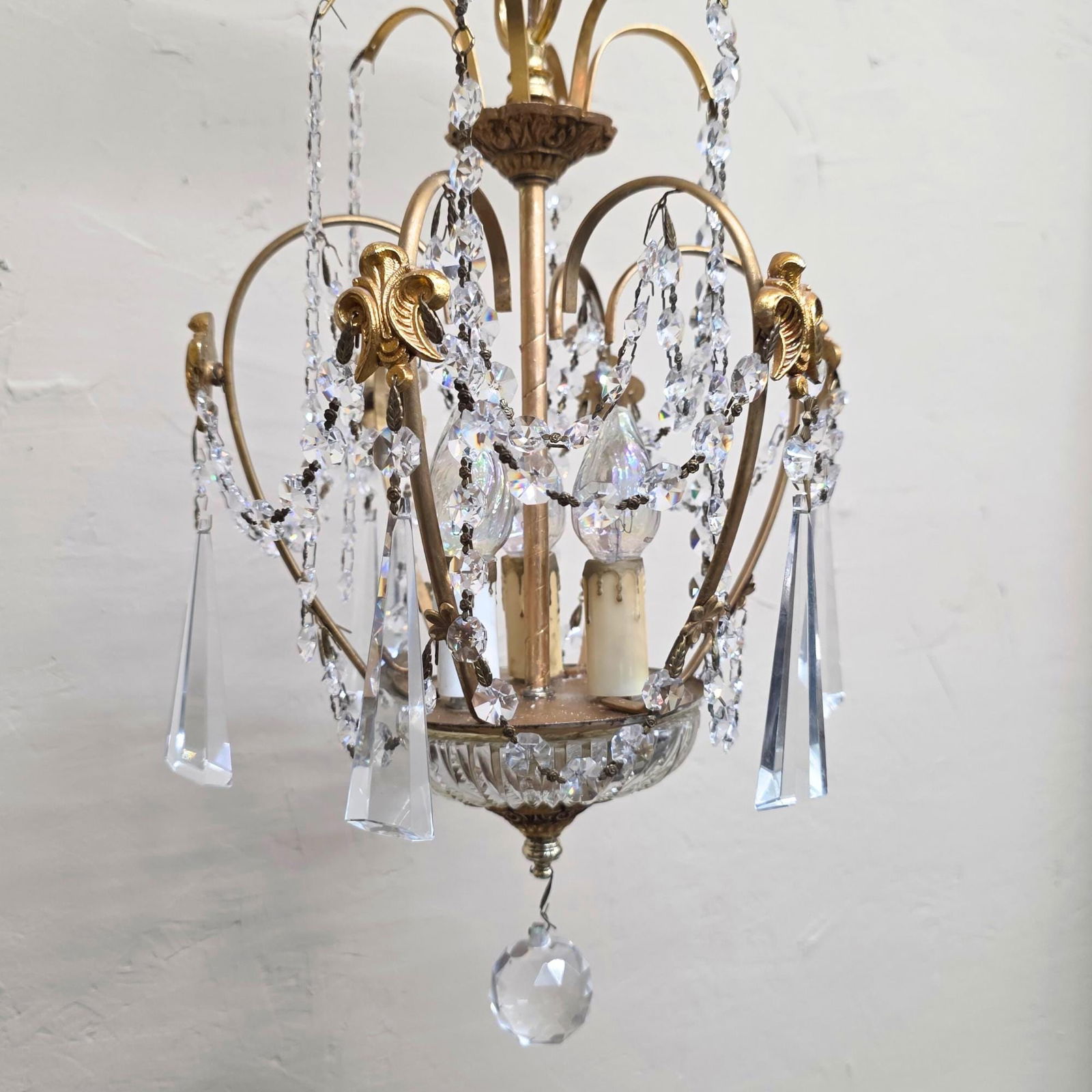 Vintage Brass Crystal Chandelier Petite Hollywood Regency Light Old World Prisms Pendant French (1 of 10)