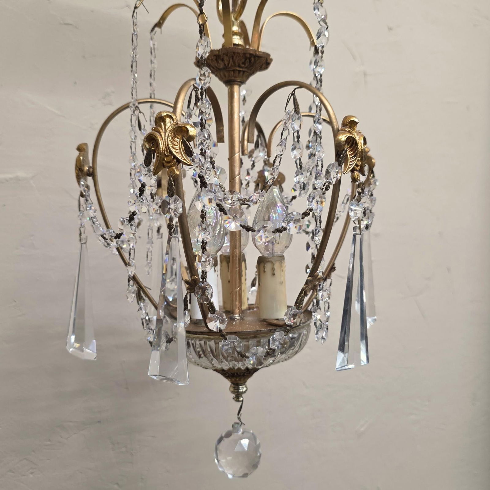 Vintage Brass Crystal Chandelier Petite Hollywood Regency Light Old World Prisms Pendant French - 5