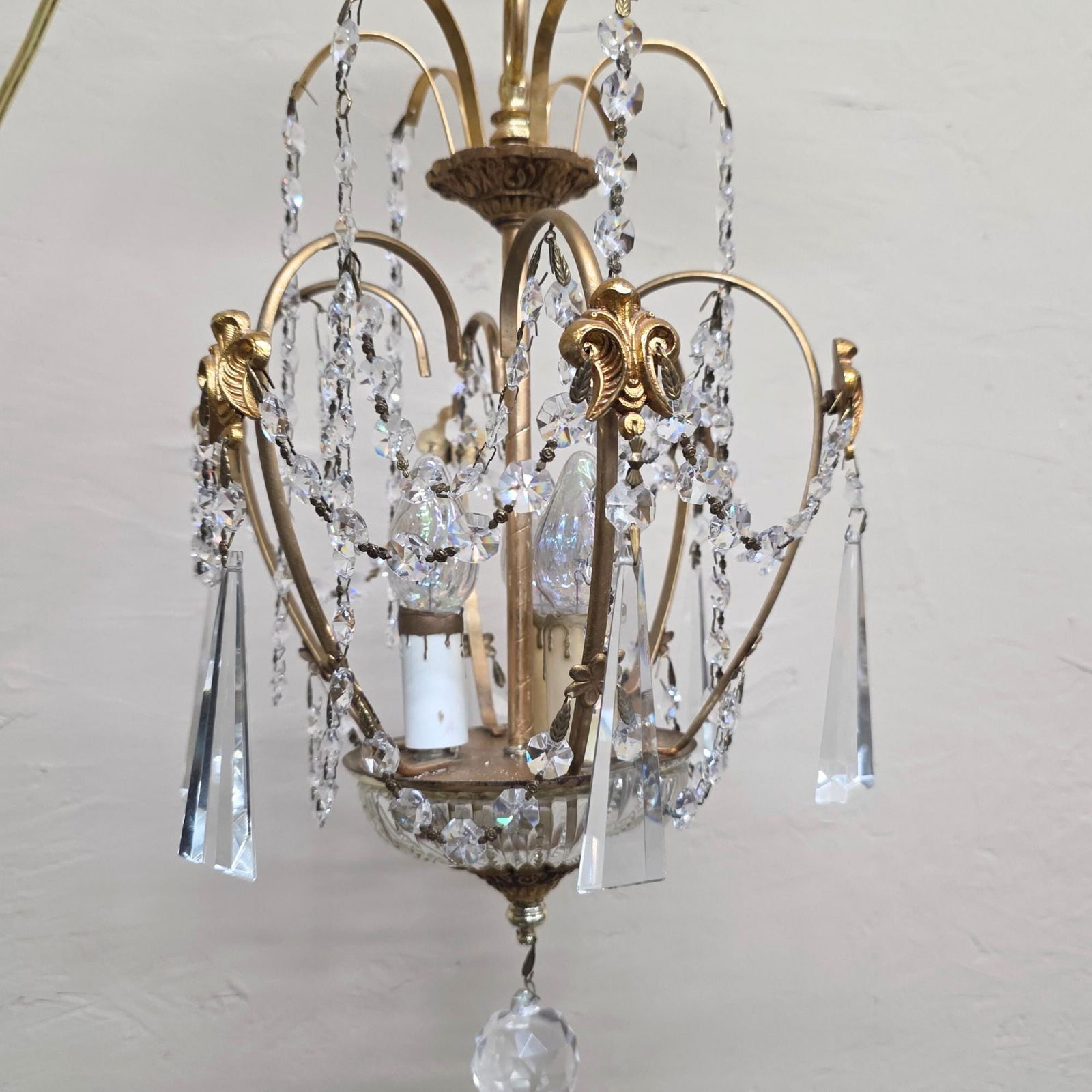 Vintage Brass Crystal Chandelier Petite Hollywood Regency Light Old World Prisms Pendant French - 6