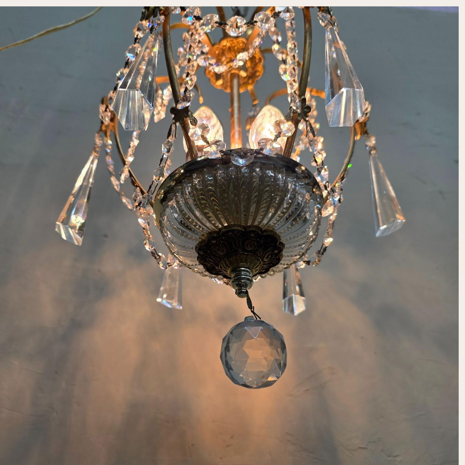 Vintage Brass Crystal Chandelier Petite Hollywood Regency Light Old World Prisms Pendant French - 8