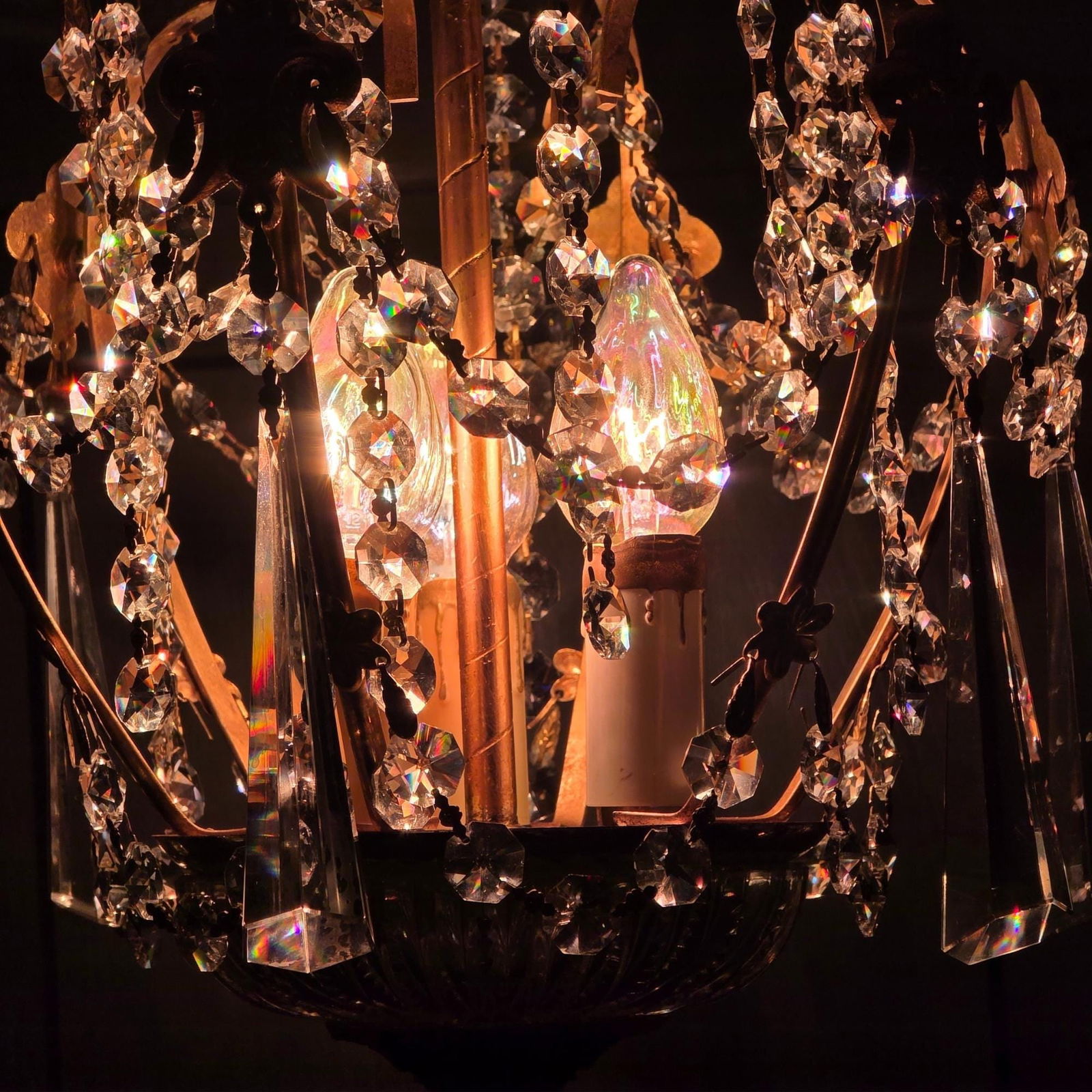 Vintage Brass Crystal Chandelier Petite Hollywood Regency Light Old World Prisms Pendant French - 9