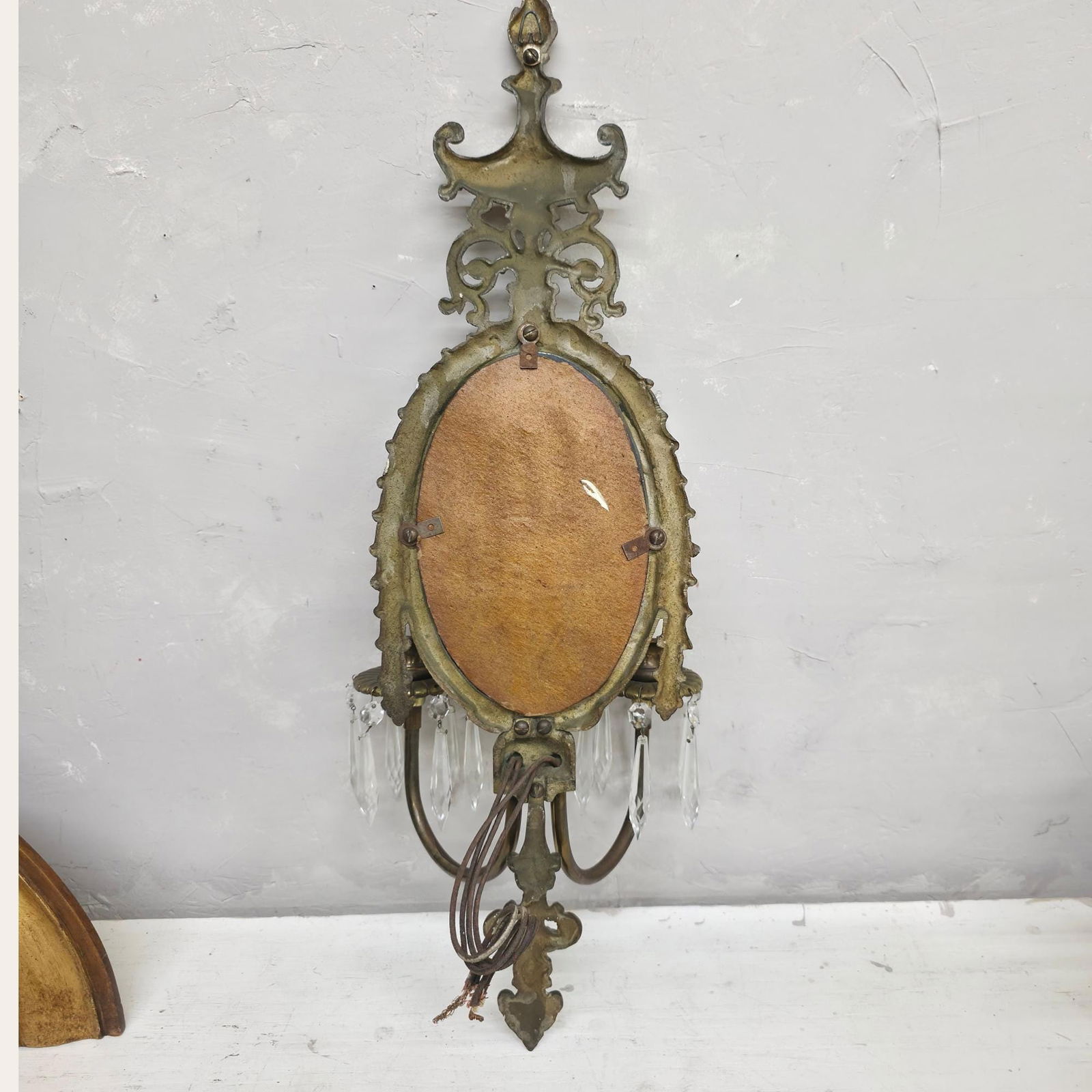 Vintage Brass Mirror Wall Sconce, Old World Regency Double Candle Light, Crystal Prism Wall Lamp - 10
