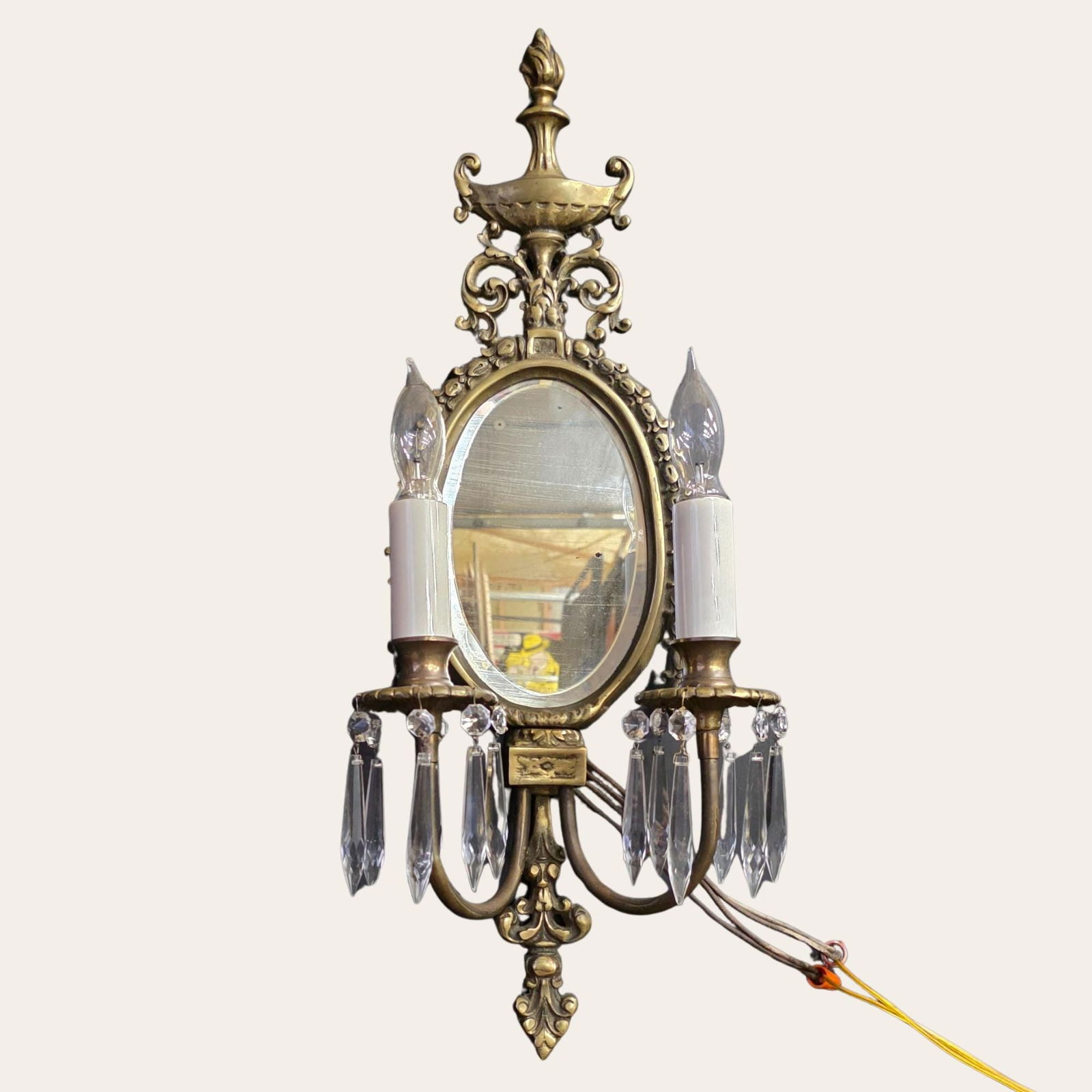 Vintage Brass Mirror Wall Sconce, Old World Regency Double Candle Light, Crystal Prism Wall Lamp: Title: Vintage Brass Mirror Wall Sconce, Old World Regency Double Candle Light, Crystal Prism Wall Lamp Description: This vintage brass mirror wall sconce brings warm Old World charm and true Regency