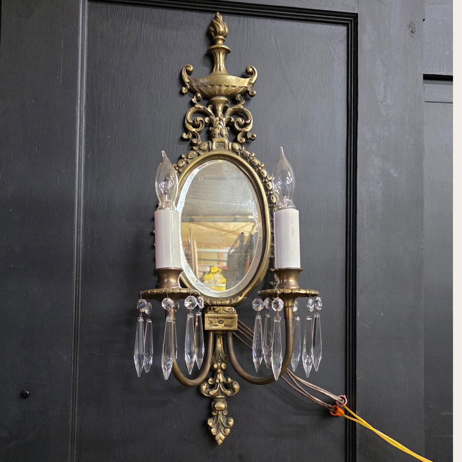 Vintage Brass Mirror Wall Sconce, Old World Regency Double Candle Light, Crystal Prism Wall Lamp - 2