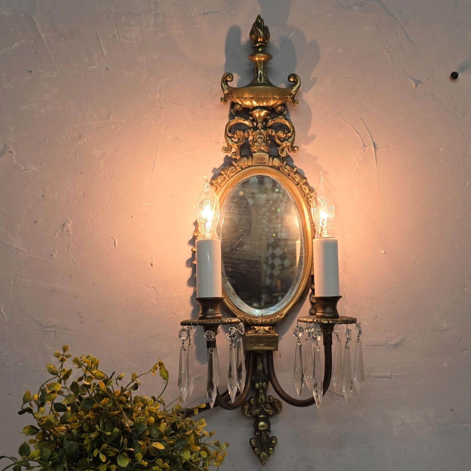 Vintage Brass Mirror Wall Sconce, Old World Regency Double Candle Light, Crystal Prism Wall Lamp - 3
