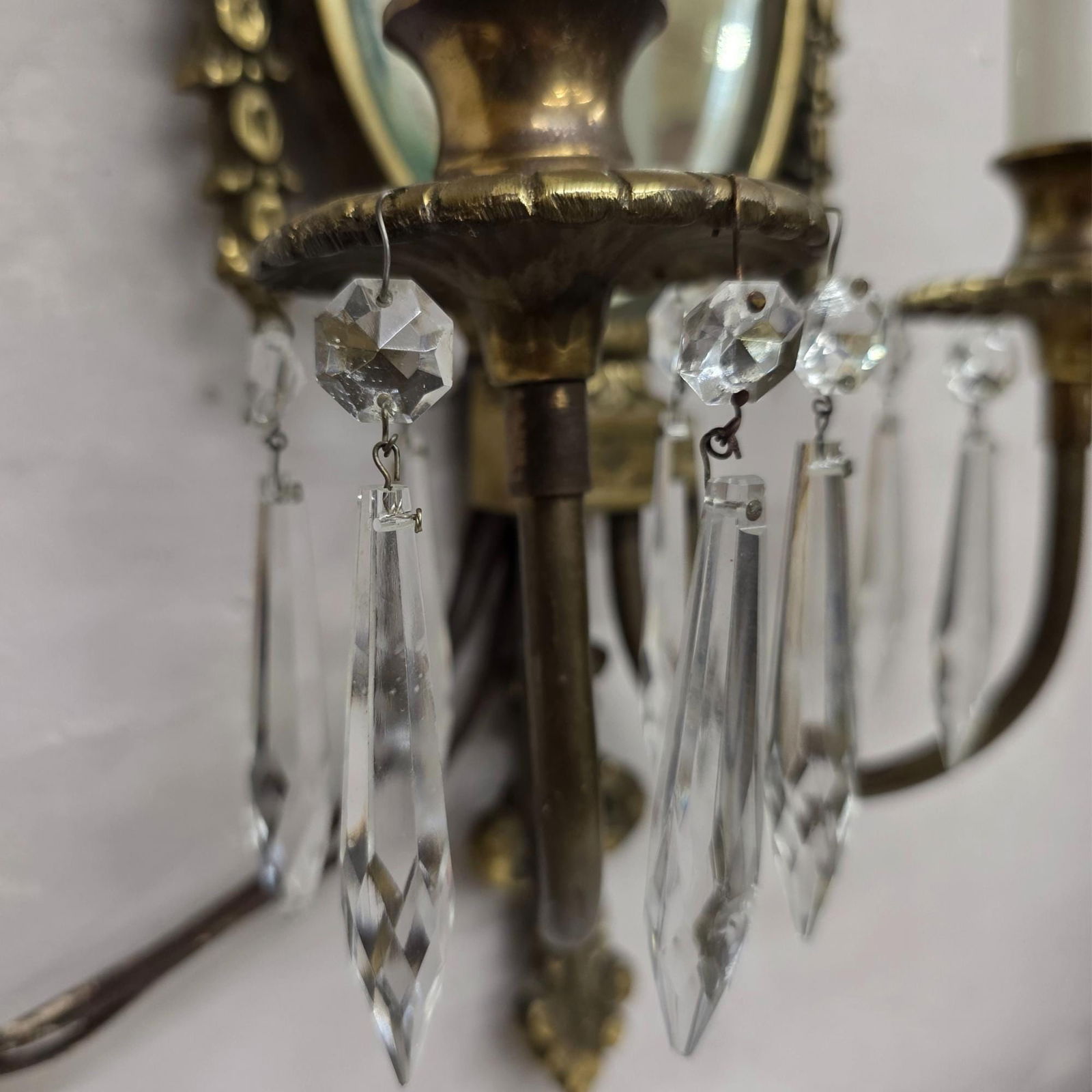 Vintage Brass Mirror Wall Sconce, Old World Regency Double Candle Light, Crystal Prism Wall Lamp - 4