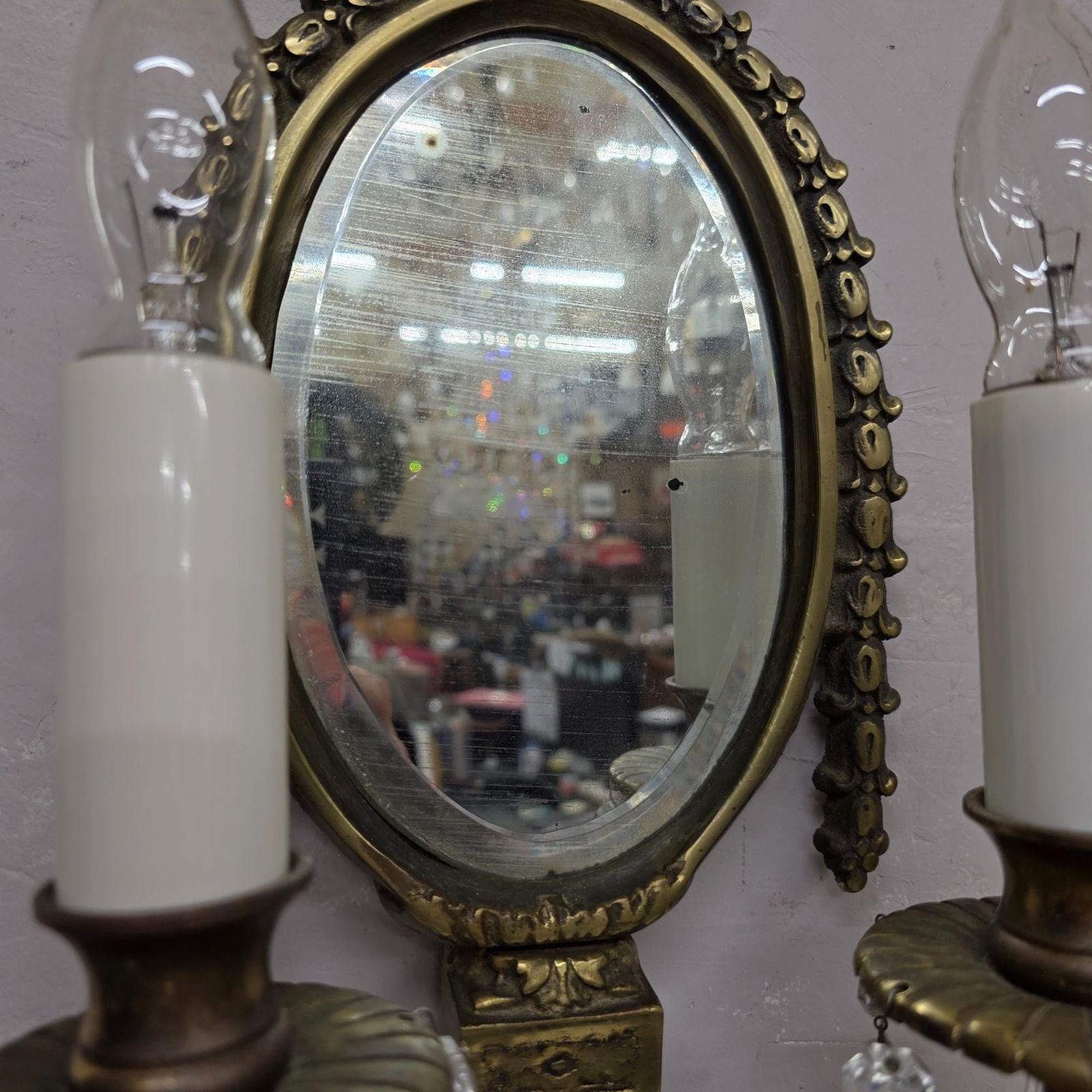 Vintage Brass Mirror Wall Sconce, Old World Regency Double Candle Light, Crystal Prism Wall Lamp - 6