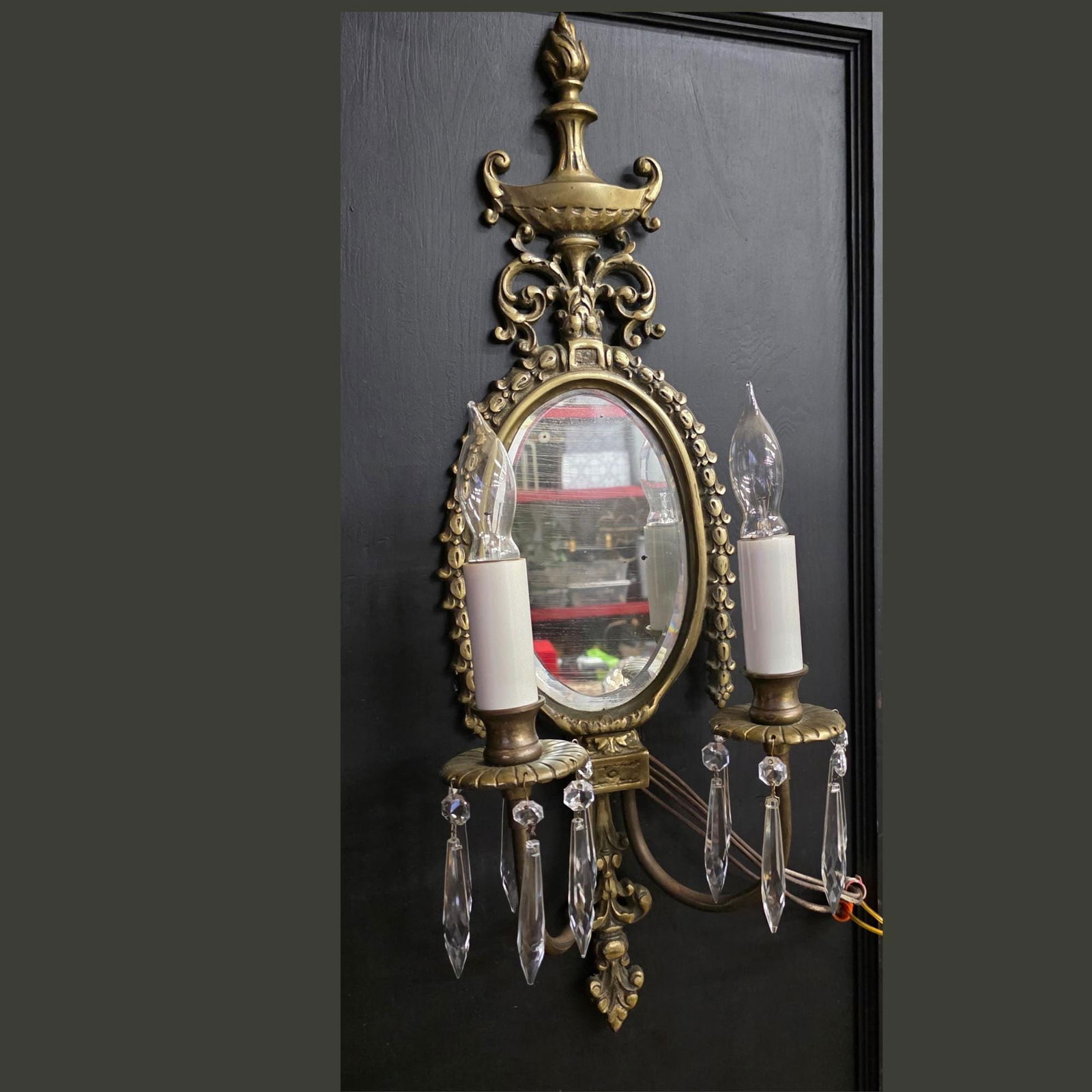 Vintage Brass Mirror Wall Sconce, Old World Regency Double Candle Light, Crystal Prism Wall Lamp - 7