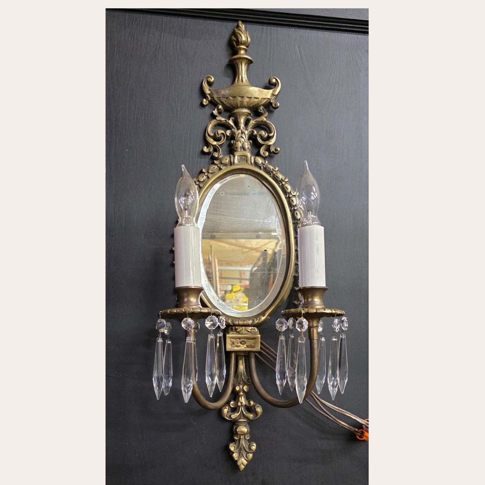 Vintage Brass Mirror Wall Sconce, Old World Regency Double Candle Light, Crystal Prism Wall Lamp - 8