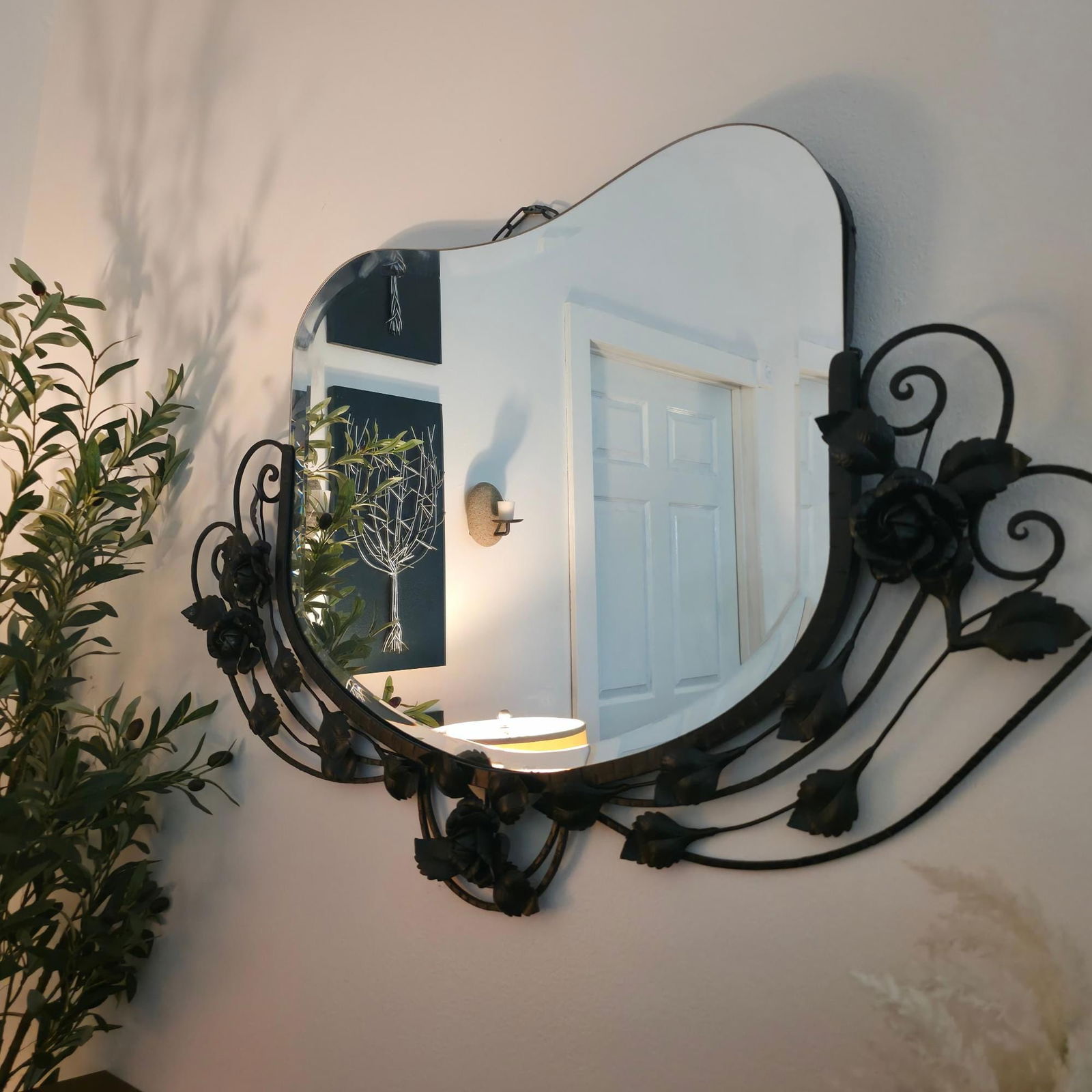 Antique French Art Nouveau Wall Mirror Vintage 1920s Black Wrought Iron Floral Design: Title: Antique French Art Nouveau Wall Mirror Vintage 1920s Black Wrought Iron Floral Design Description: ðŸªž French Art Nouveau Mirror Black Wrought Iron Thick Beveled Glass