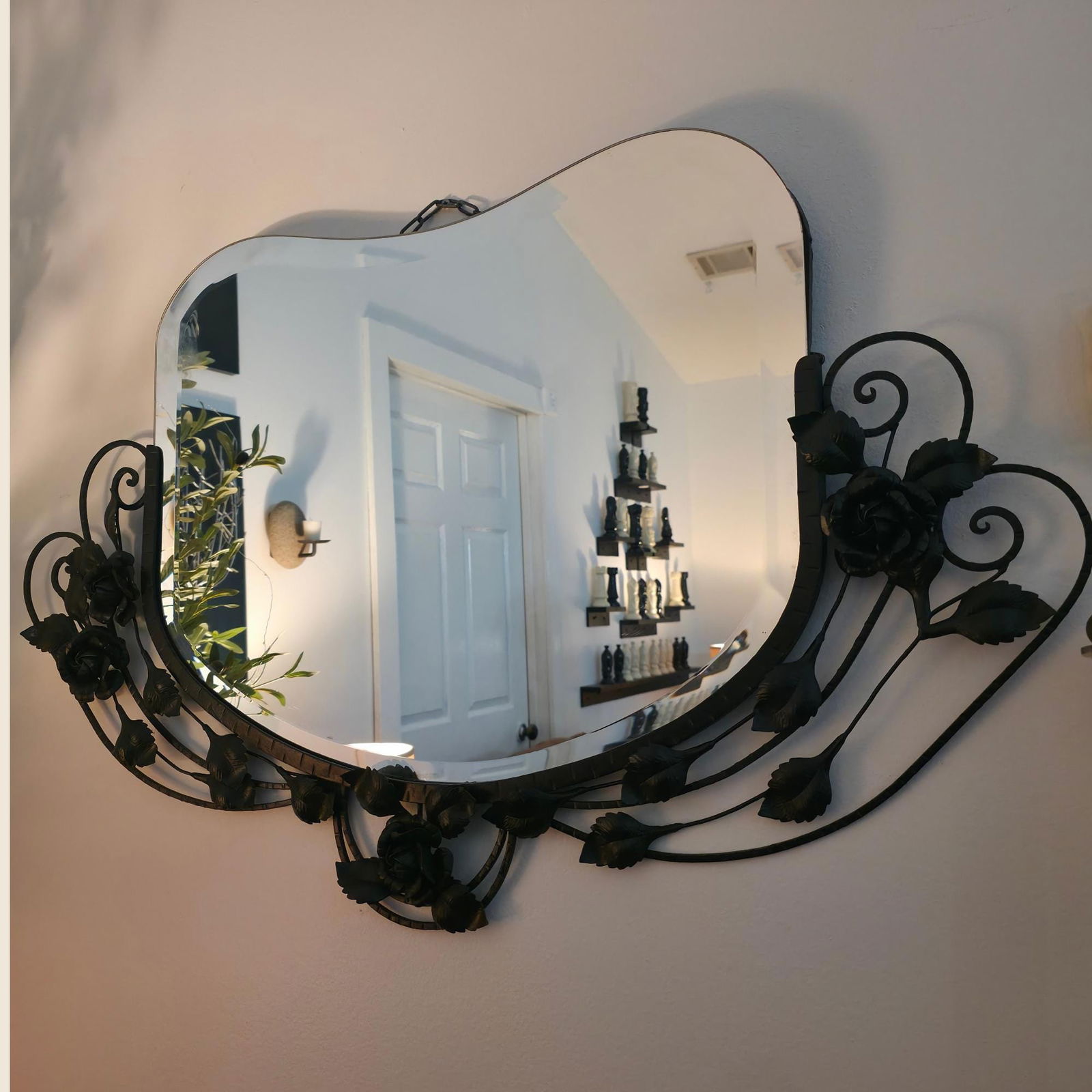 Antique French Art Nouveau Wall Mirror Vintage 1920s Black Wrought Iron Floral Design - 3