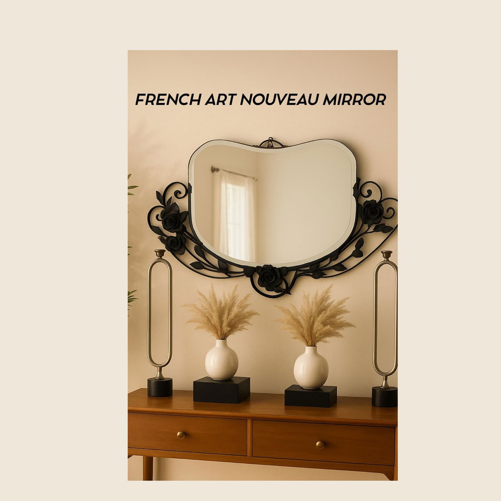 Antique French Art Nouveau Wall Mirror Vintage 1920s Black Wrought Iron Floral Design - 6