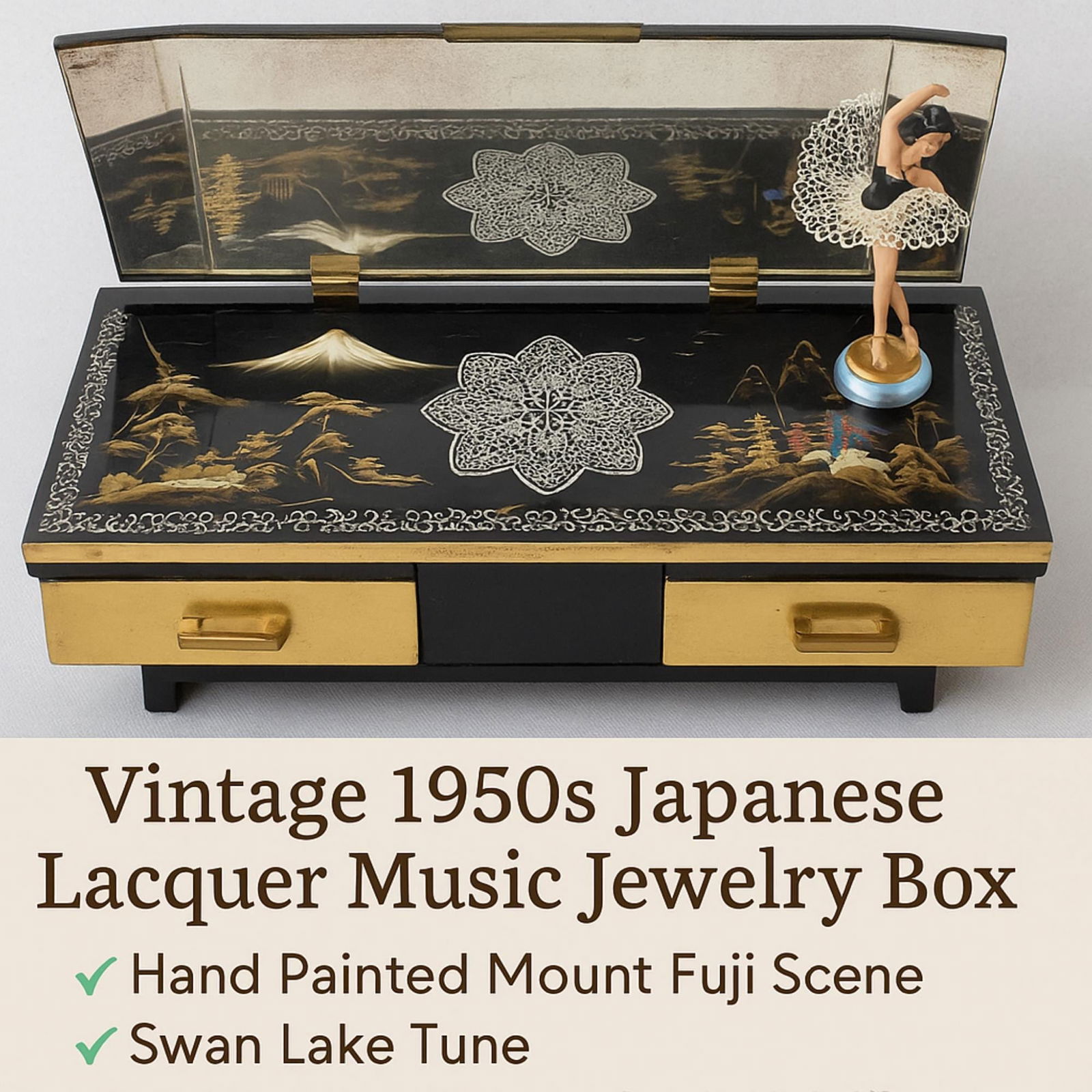 Vintage Japanese Lacquer Music Box: Hand-Painted Mount Fuji Scene, Swan Lake Tune - 10