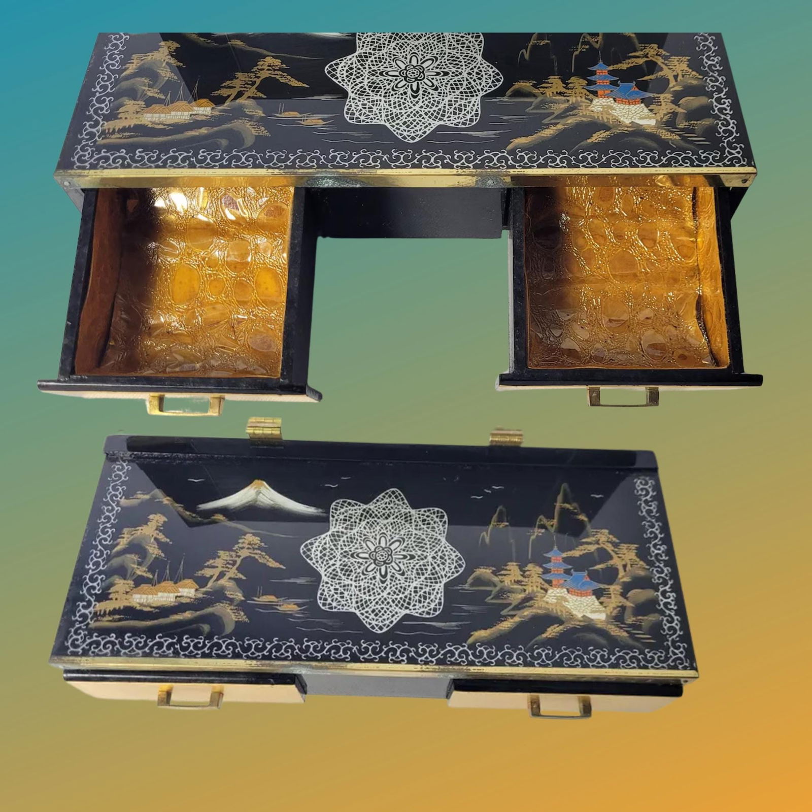 Vintage Japanese Lacquer Music Box: Hand-Painted Mount Fuji Scene, Swan Lake Tune - 8