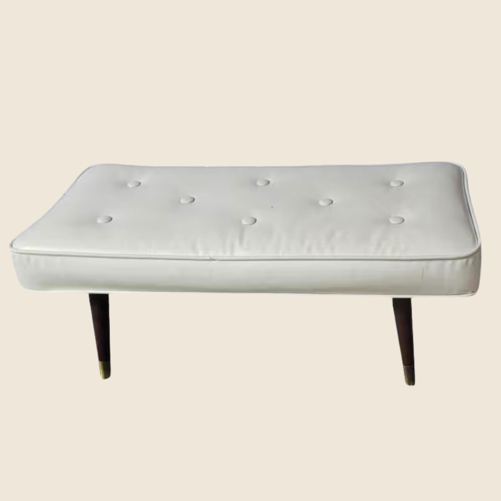 Mid Century Modern Tufted Ottoman â€¢ White Vinyl Bench with Brass-Tipped Legs â (1 of 10)