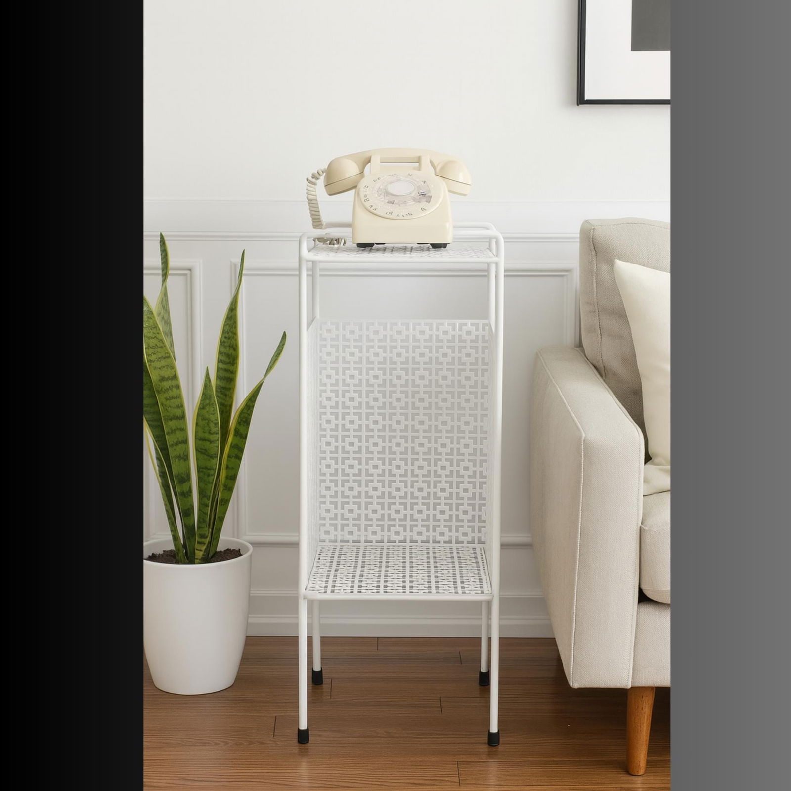 Mid Century Modern Retro Telephone Stand White Metal Phone Table Accent Small Scale - 10