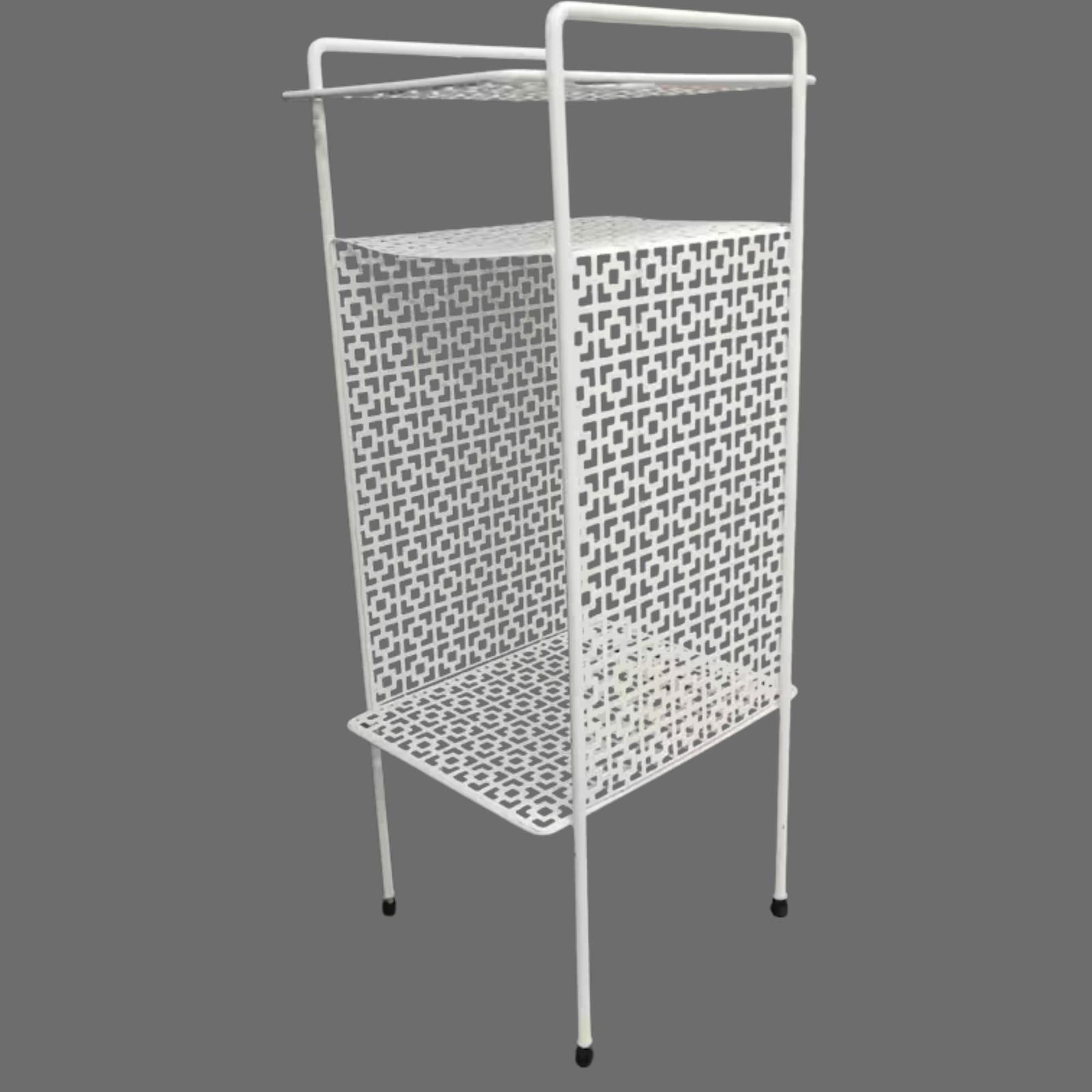 Mid Century Modern Retro Telephone Stand White Metal Phone Table Accent Small Scale: Title: Mid Century Modern Retro Telephone Stand White Metal Phone Table Accent Small Scale Description: This vintage phone stand mid-century modern white metal atomic telephone stand features geometri