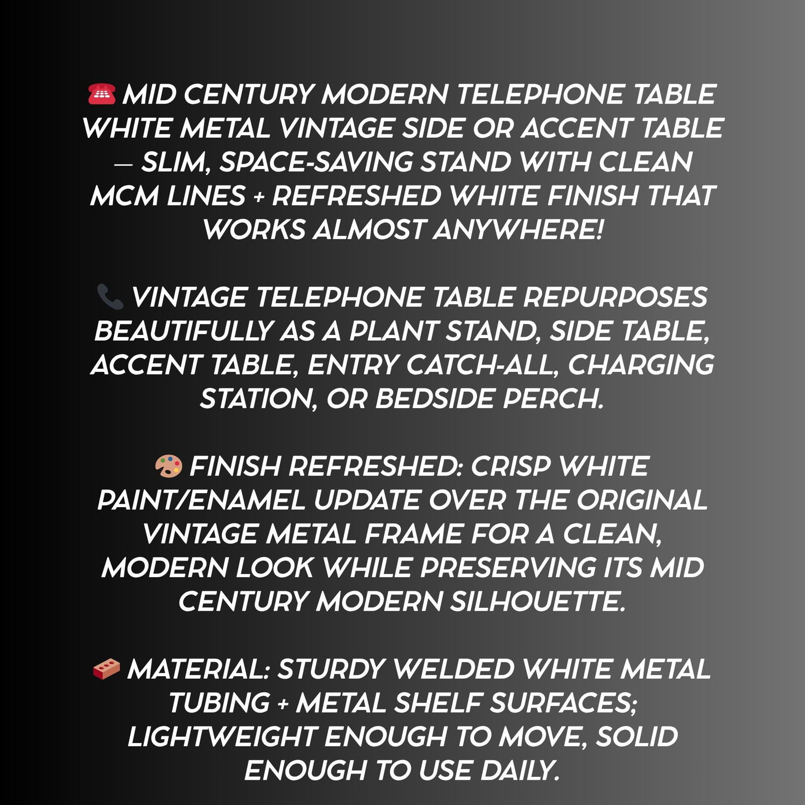 Mid Century Modern Retro Telephone Stand White Metal Phone Table Accent Small Scale - 3