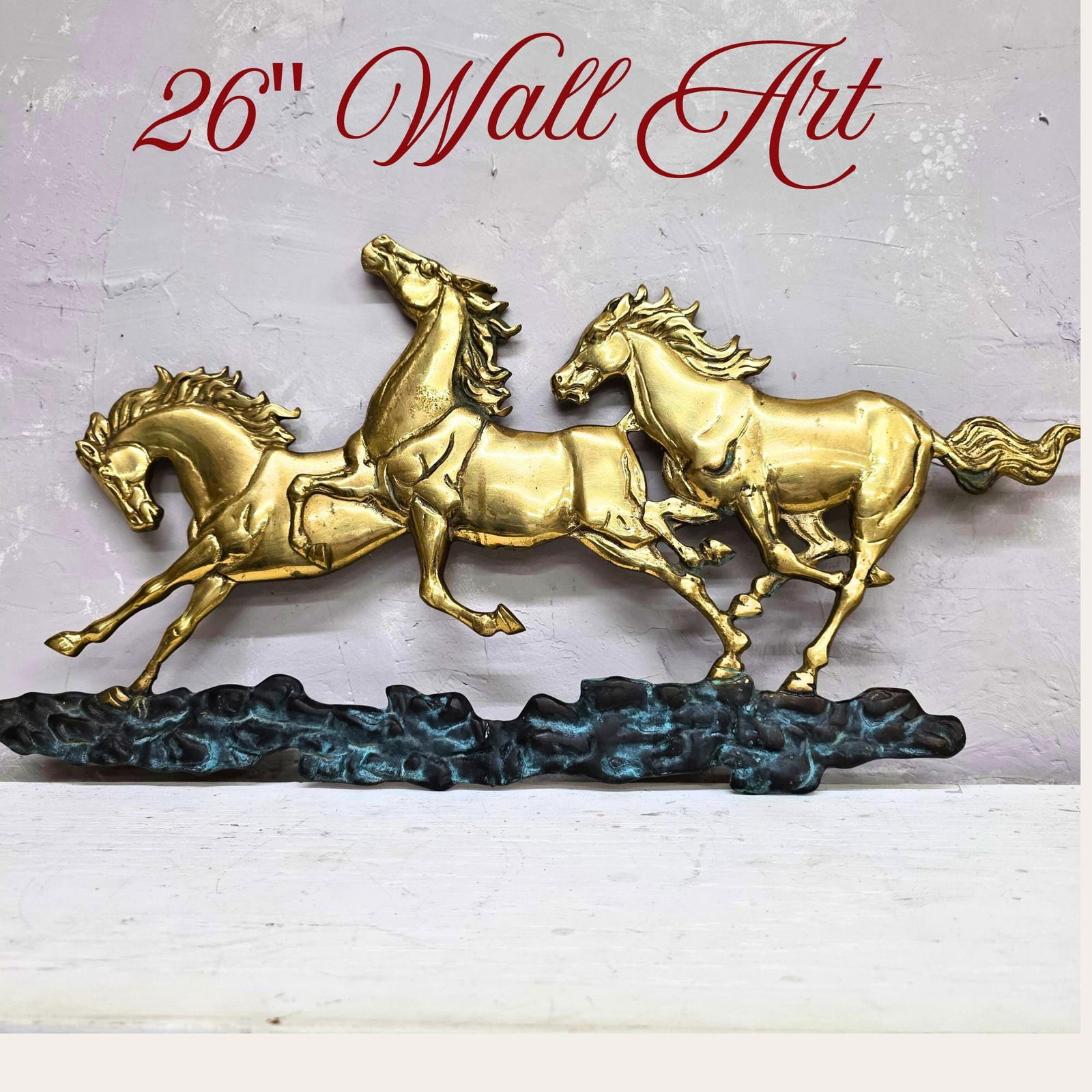 Vintage Brass Horses Wall Hanging 25" Equestrian Western Art Hollywood Regency Metal Stallions Decor: Title: Vintage Brass Horses Wall Hanging 25" Equestrian Western Art Hollywood Regency Metal Stallions Decor Ranch Mantel Art Description: Vintage brass wall hanging brings movement, warmth and a